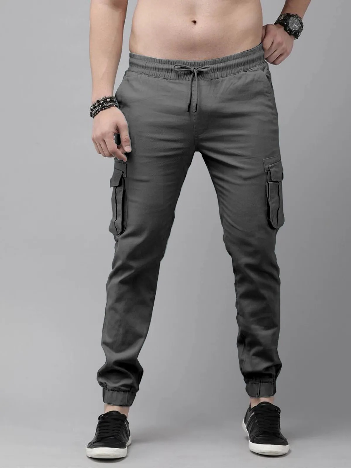 Dark Grey Cotton Blend Slim Fit Men’s Cargo Joggers