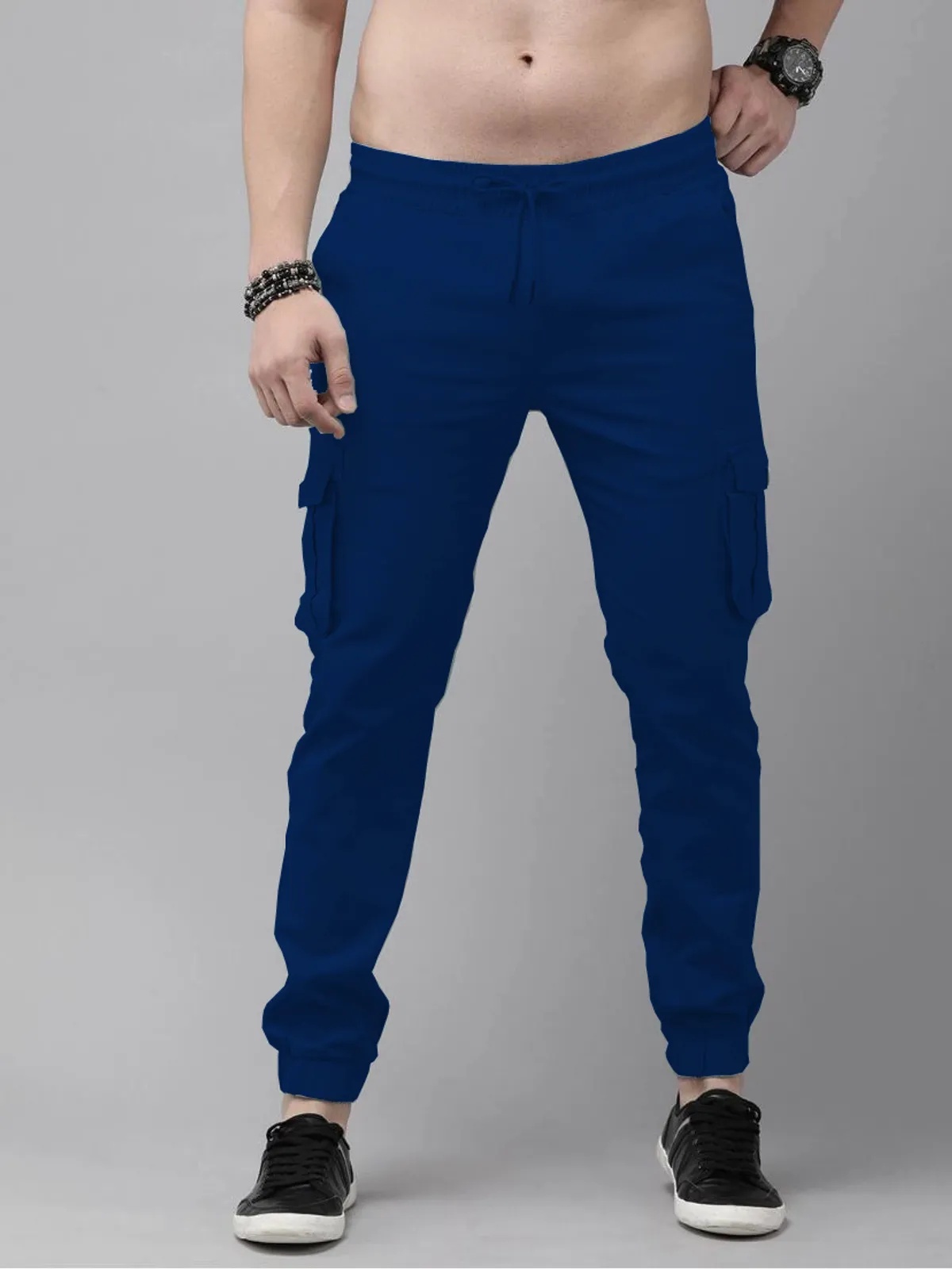 Dark Blue Cotton Blend Slim Fit Men’s Cargo Joggers