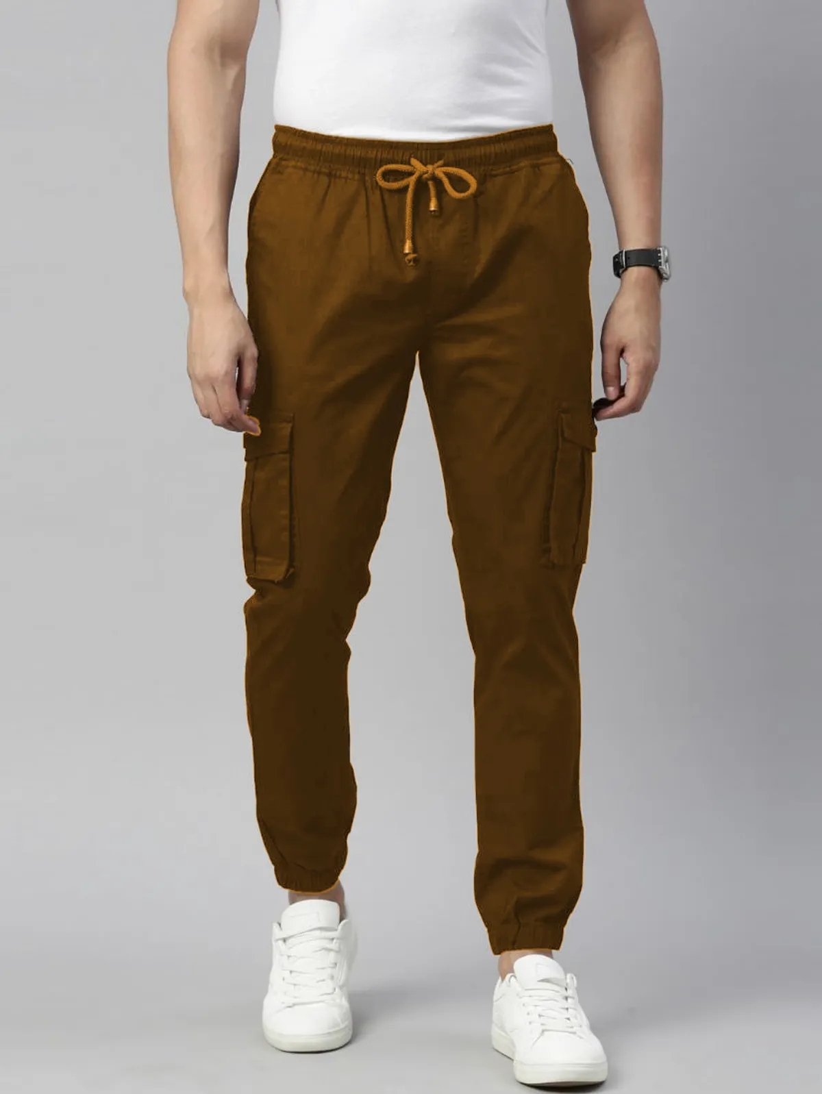 Khaki Cotton Blend Slim Fit Men’s Cargo Joggers