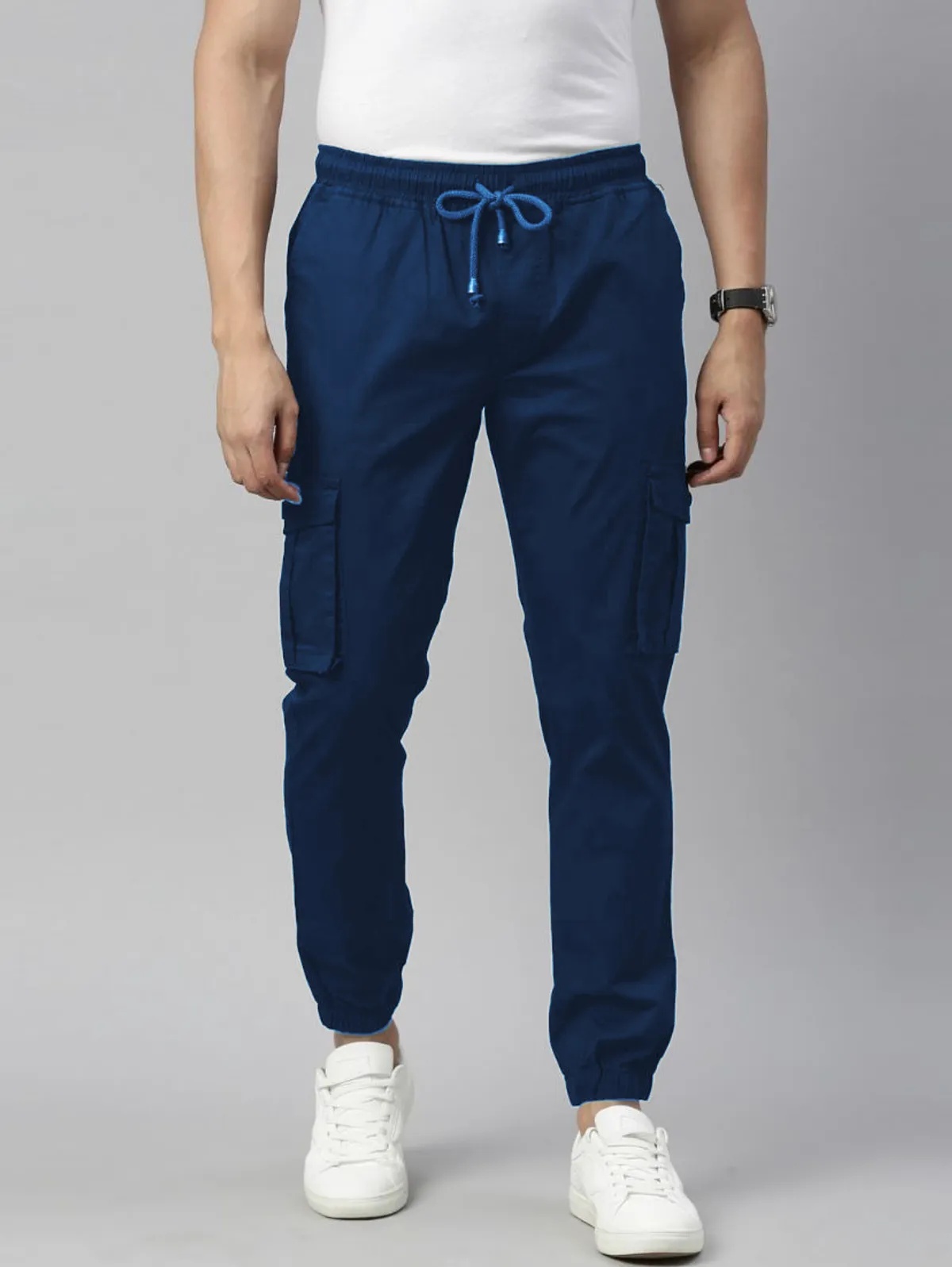 Blue Cotton Blend Slim Fit Men’s Cargo Joggers