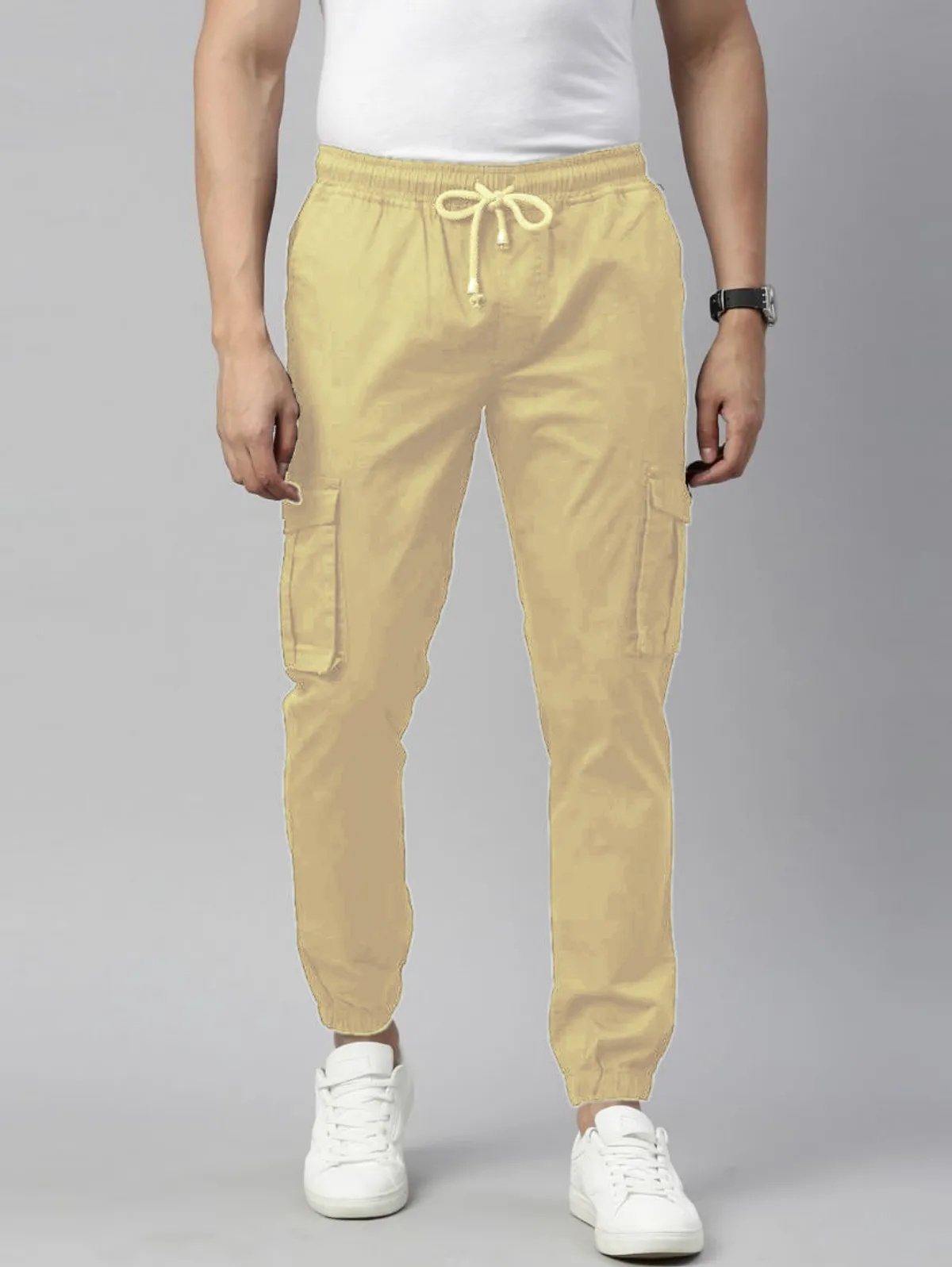 Beige Cotton Blend Slim Fit Men’s Cargo Joggers