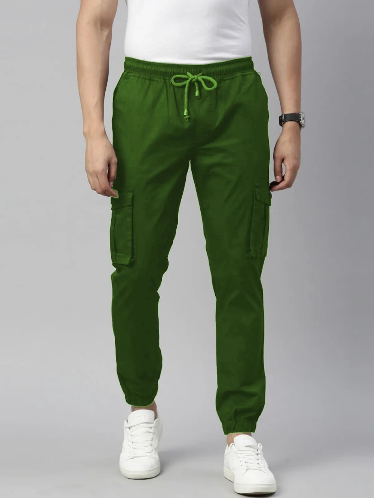 Olive Green Cotton Blend Slim Fit Men’s Cargo Joggers