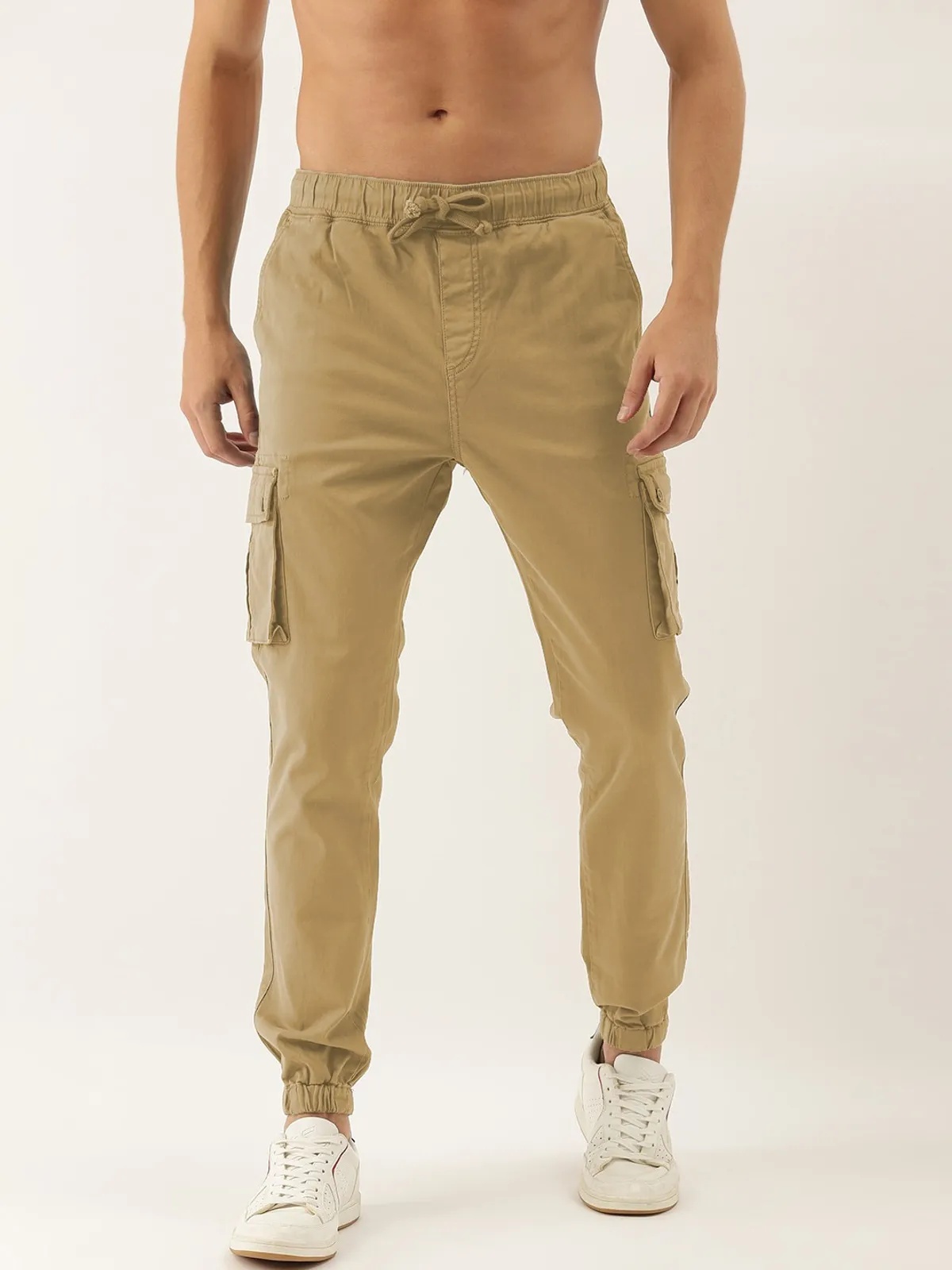 Cream Cotton Blend Slim Fit Men’s Cargo Joggers