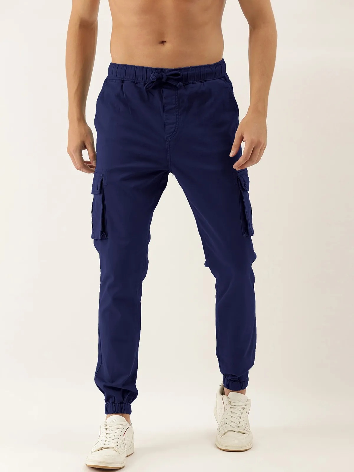 Dark Blue Cotton Blend Slim Fit Men’s Cargo Joggers