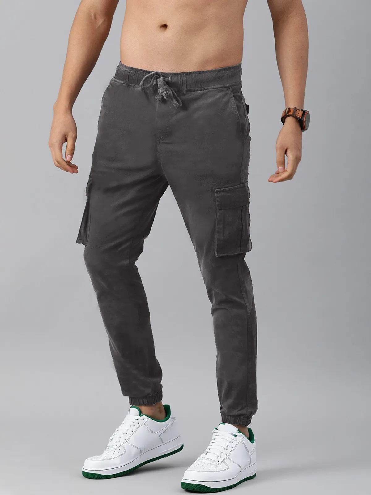 Dark Grey Cotton Blend Slim Fit Cargo Joggers