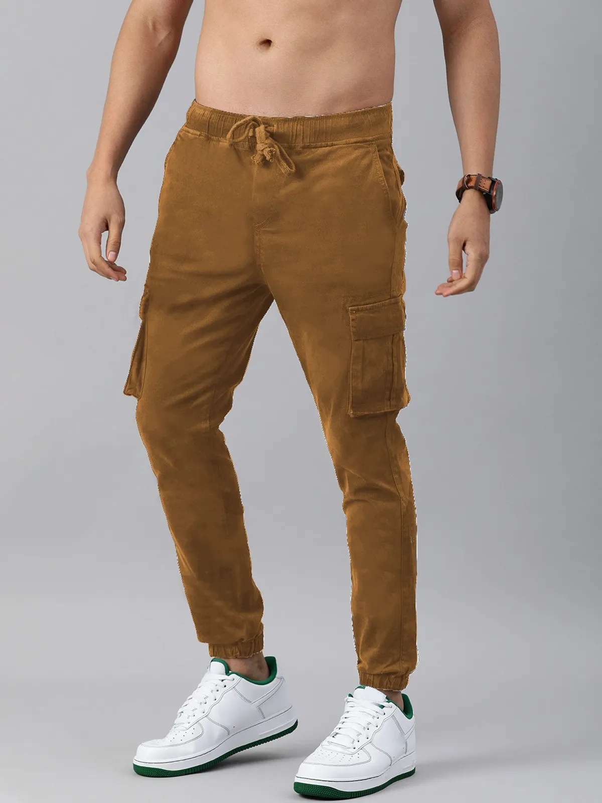 Khaki Cotton Blend Slim Fit Cargo Joggers