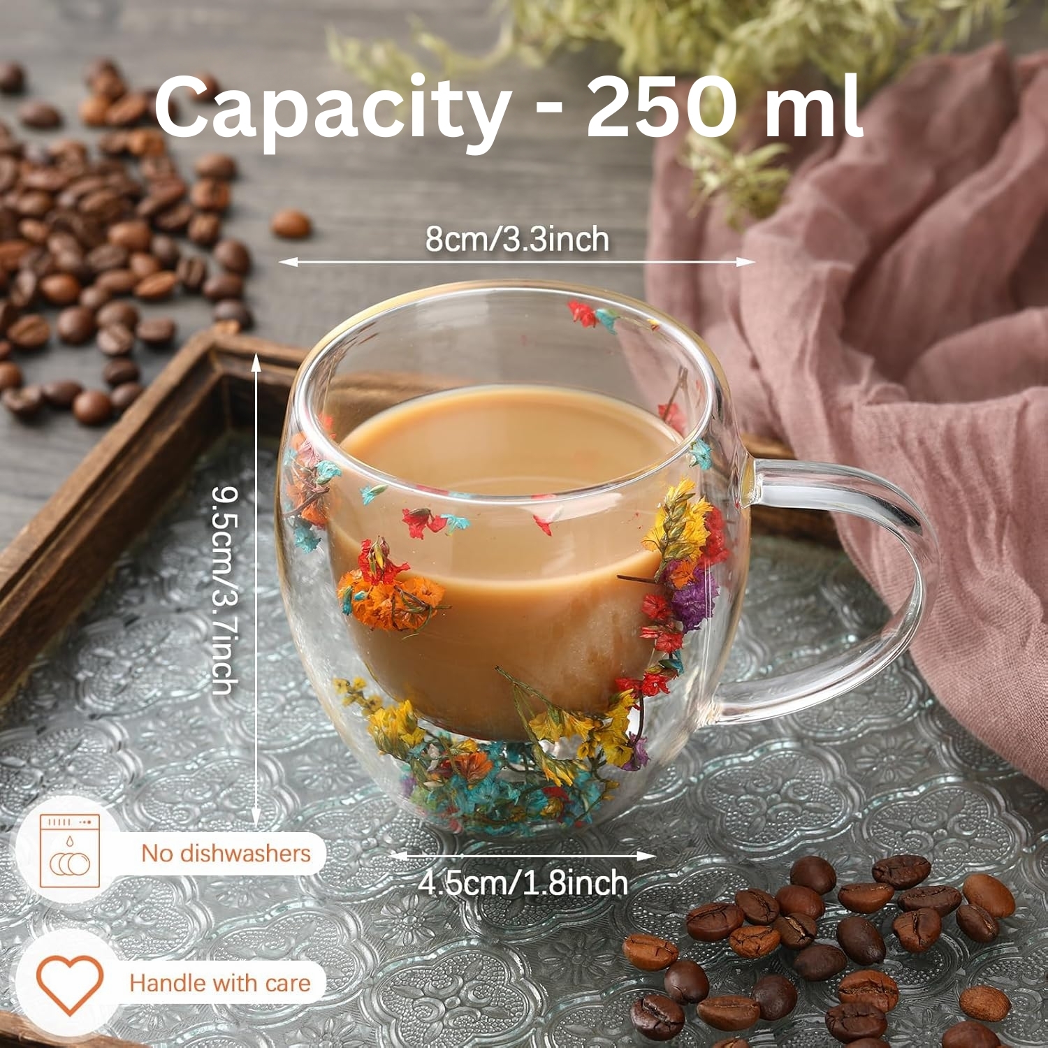 250ml Double-Walled Borosilicate Glass Cups | Transparent Insulated Coffee Mugs for Hot & Cold Beverages (Set of 2)