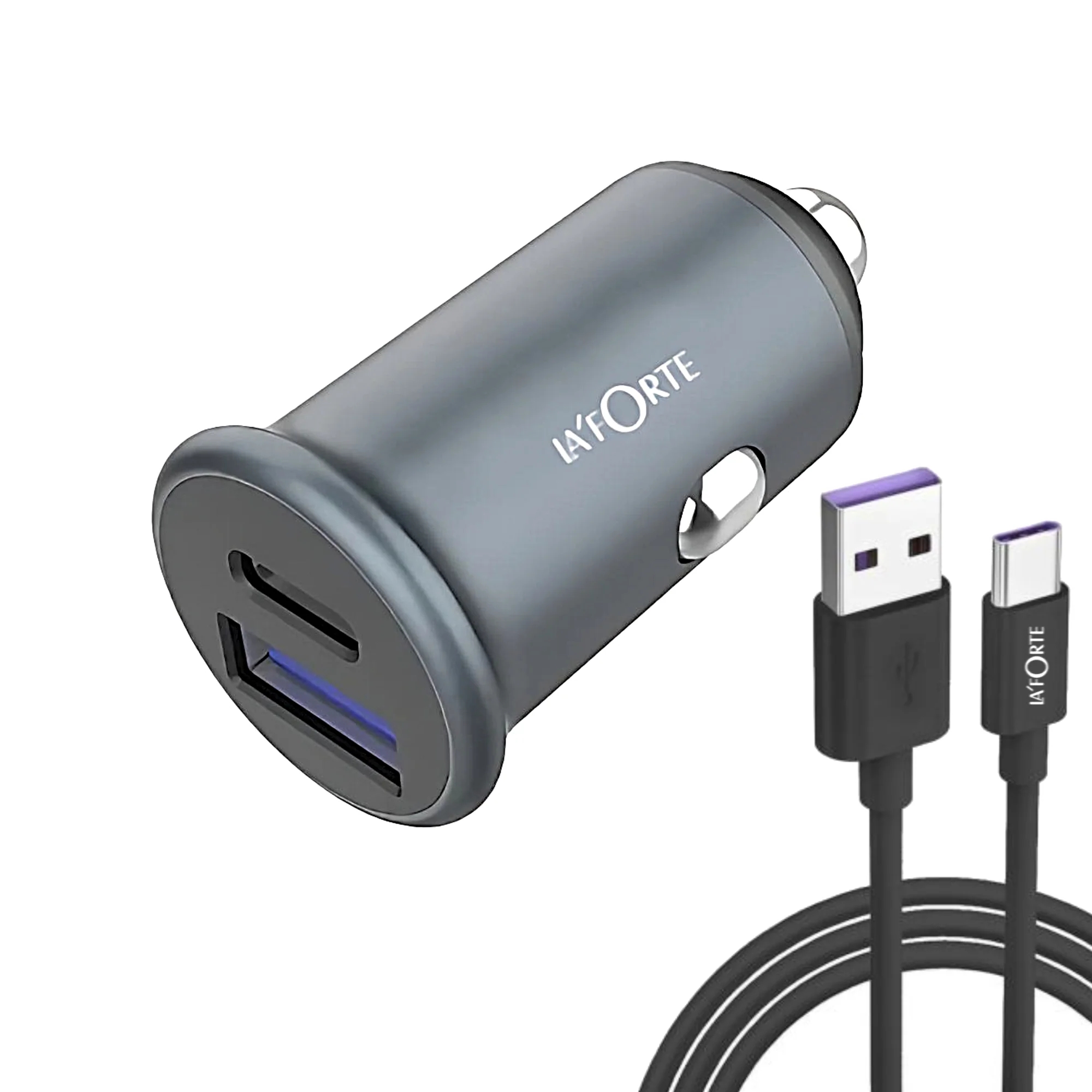 LA' FORTE Compact Mini Metal Dual Port Ultra Fast Car Charger, QCPD (QC- 3.0 & PD - 30 W)