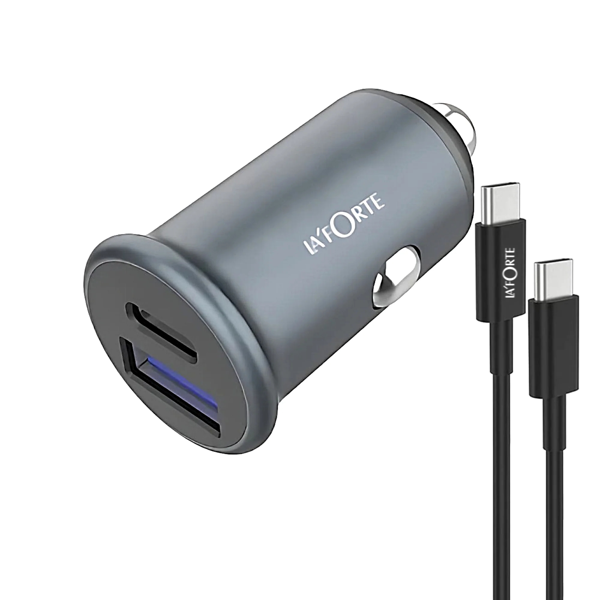 LA' FORTE Compact Mini Metal Dual Port Ultra Fast Car Charger, QCPD (QC- 3.0 & PD - 30 W)