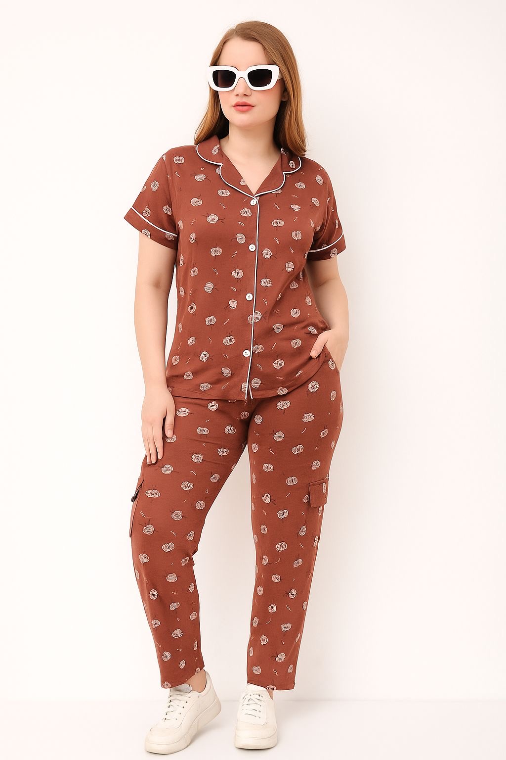 Women’s Printed Cotton Night Suit Set –Brown PUMPKIN 