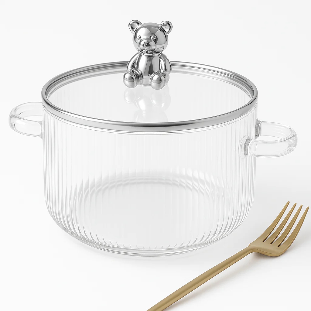 1600ml Multipurpose Borosilicate Glass Pot with Bear Knob Lid | Ideal for Cooking, Serving, Storage & More