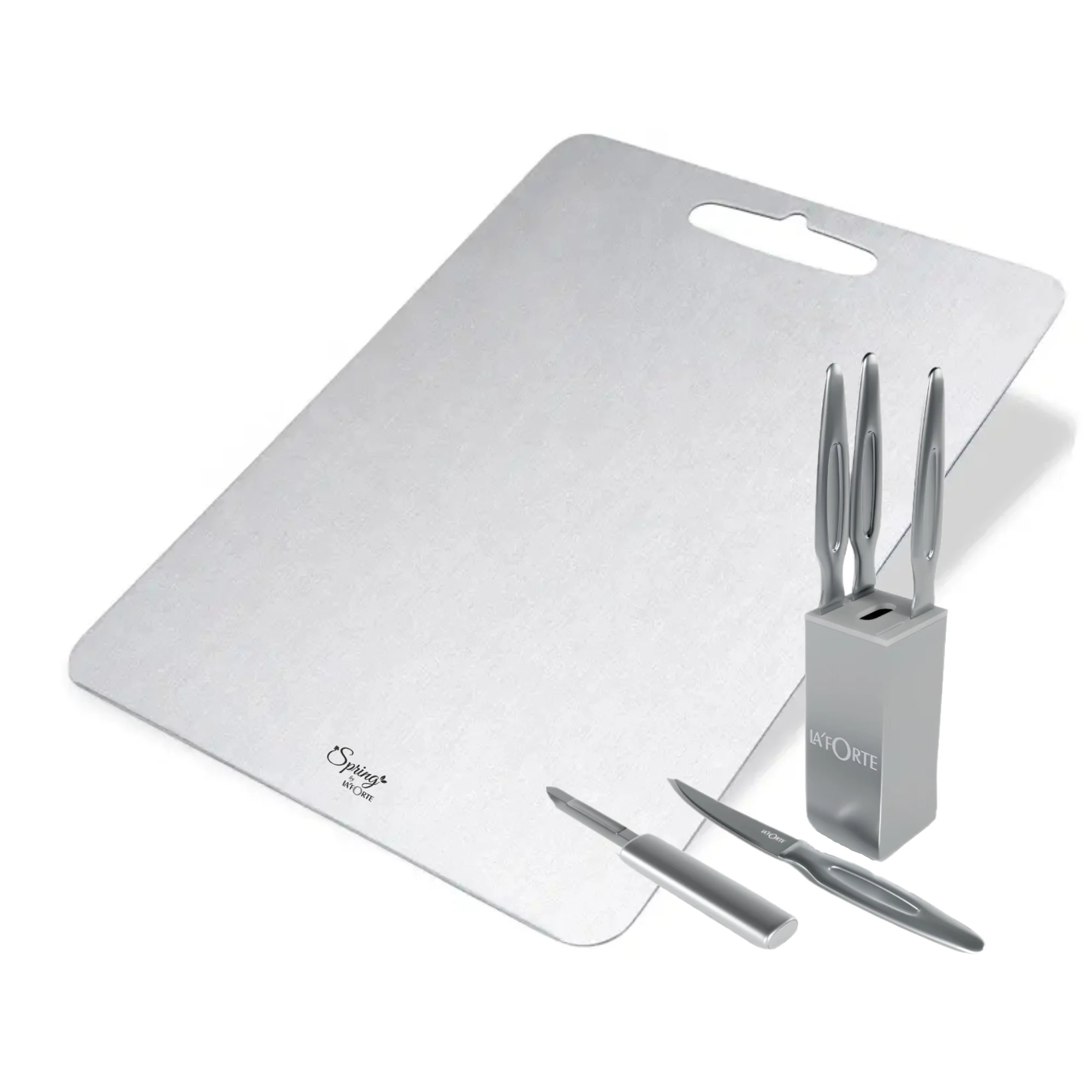 LA' FORTE Premium Combo - 5-Piece Metal Knife Set with Metal Block & Stainless Steel Chopping Board (31 cm x 20.5 cm)