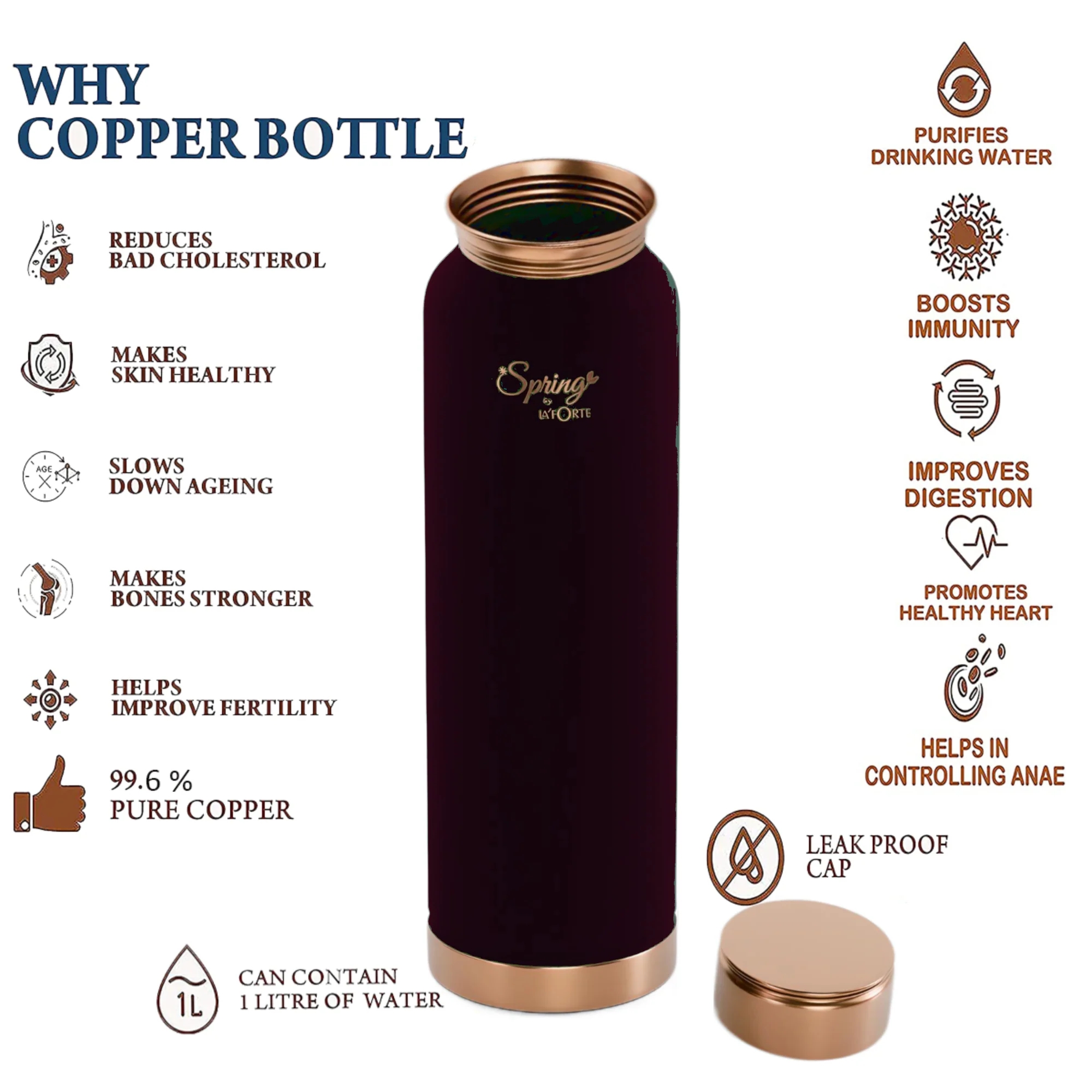 LA'FORTE Copper Water Bottle, Pure, 1000 ml Coffee Black