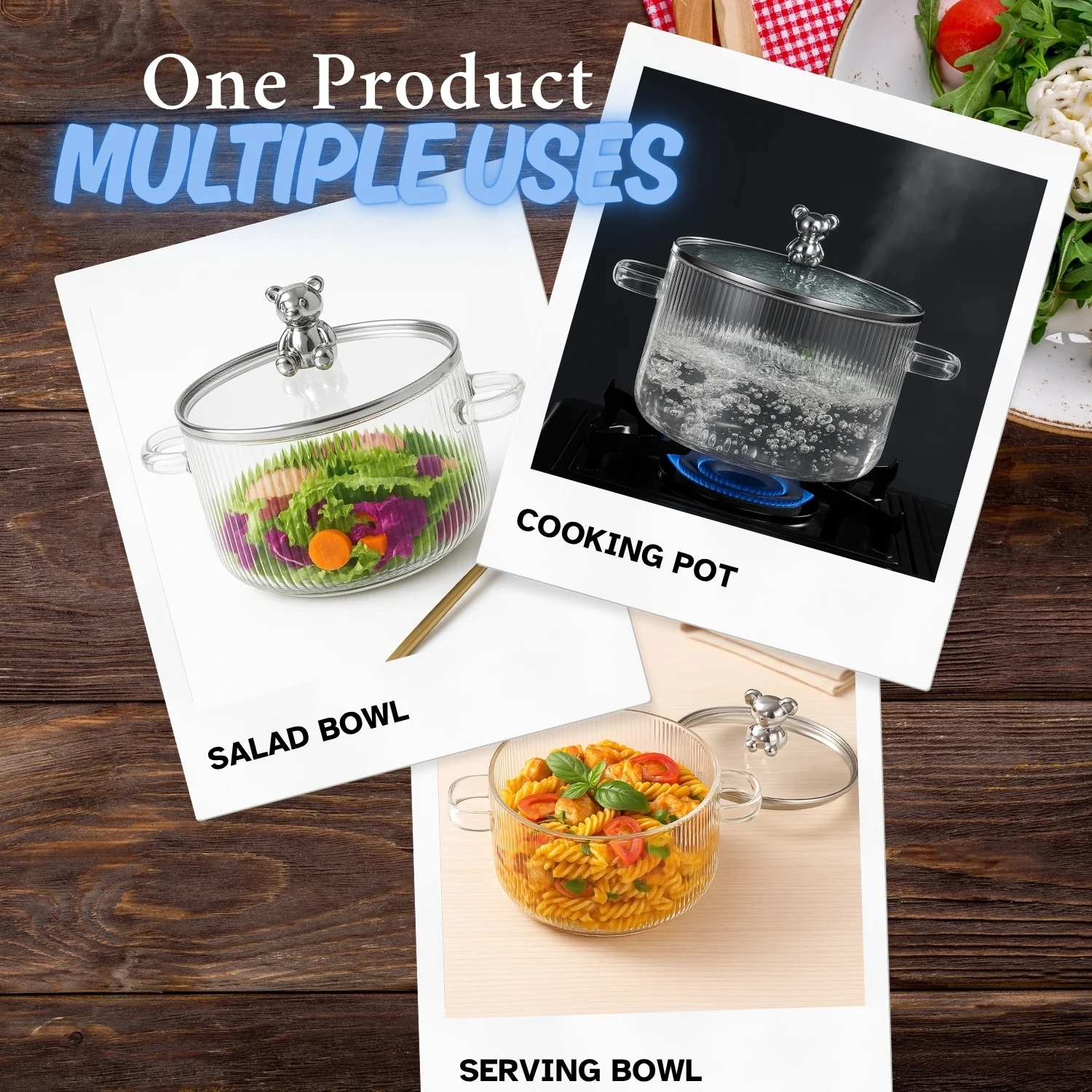 1600ml Multipurpose Borosilicate Glass Pot with Bear Knob Lid | Ideal for Cooking, Serving, Storage & More