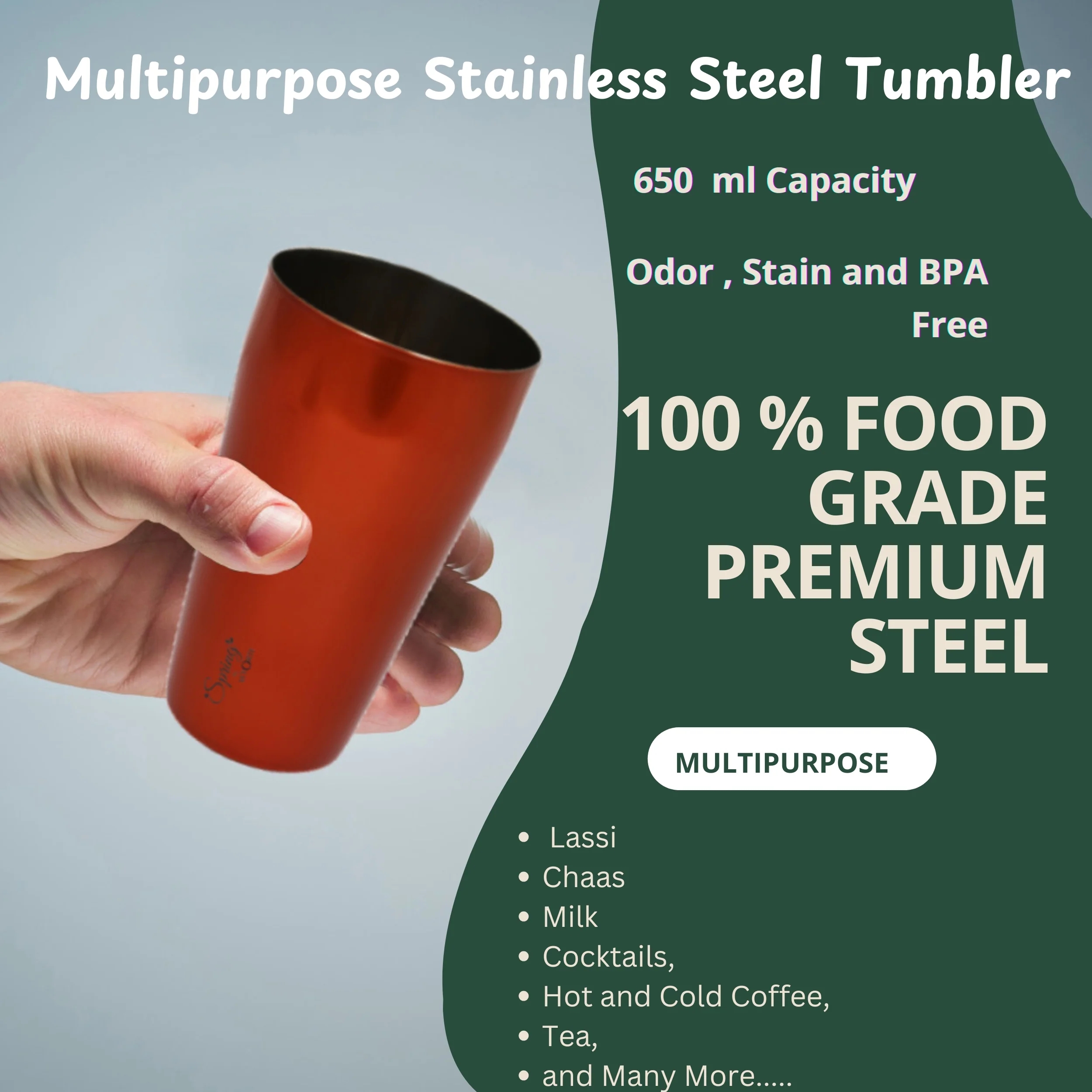 Stainless Steel Tumbler Set (650 ml) with Stainless Steel Lid and Straw – Premium Powder Coated Design for Hot & Cold Beverages (Set of 2, Color Options- Gold, Blue, Green)