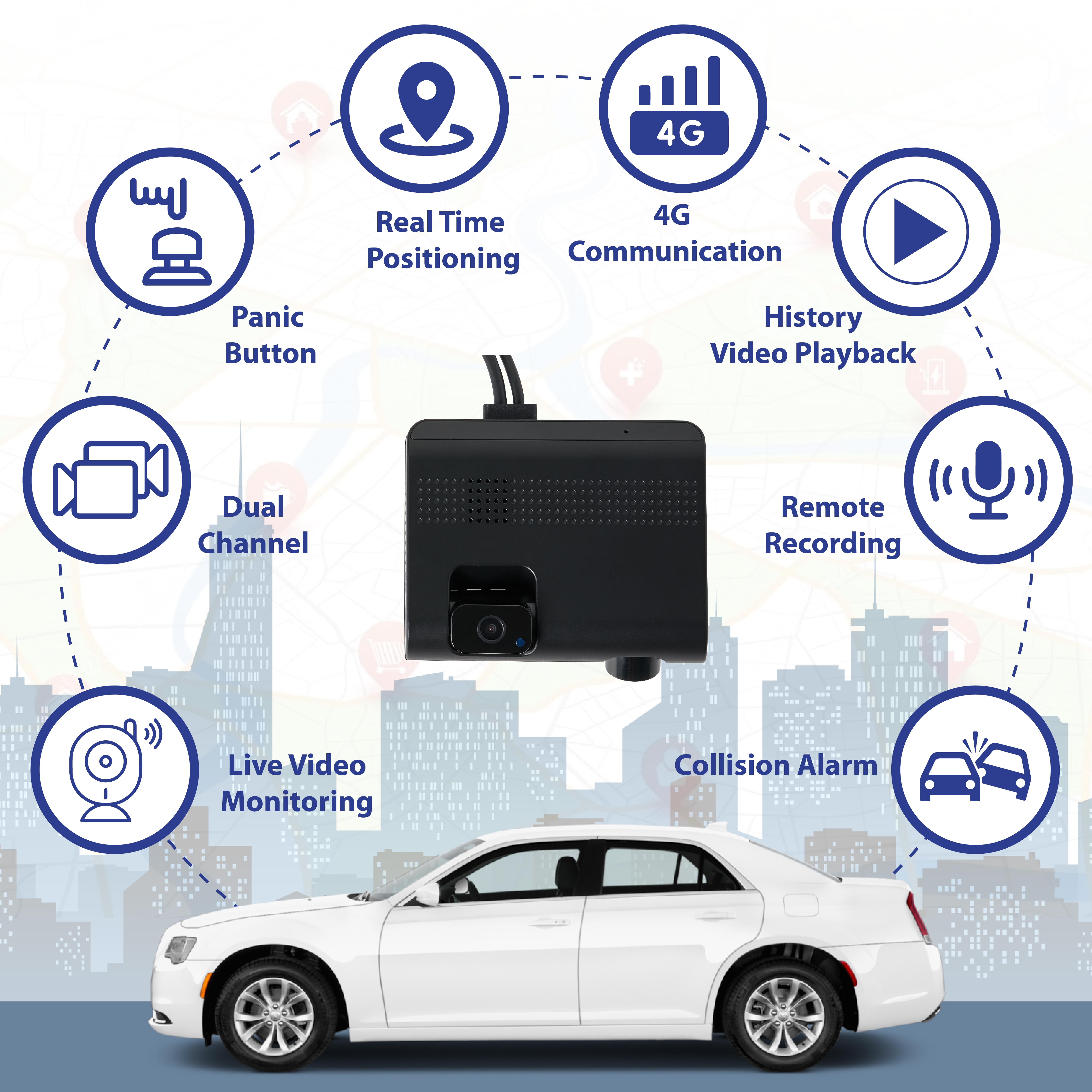 FeTaca DC5 Car Dash Camera with Inbuilt GPS Tracker and Multiple Types of Alarms | 1080p Video Quality | Dual Channel | 4G Calling | Emergency Recording | Installation Support