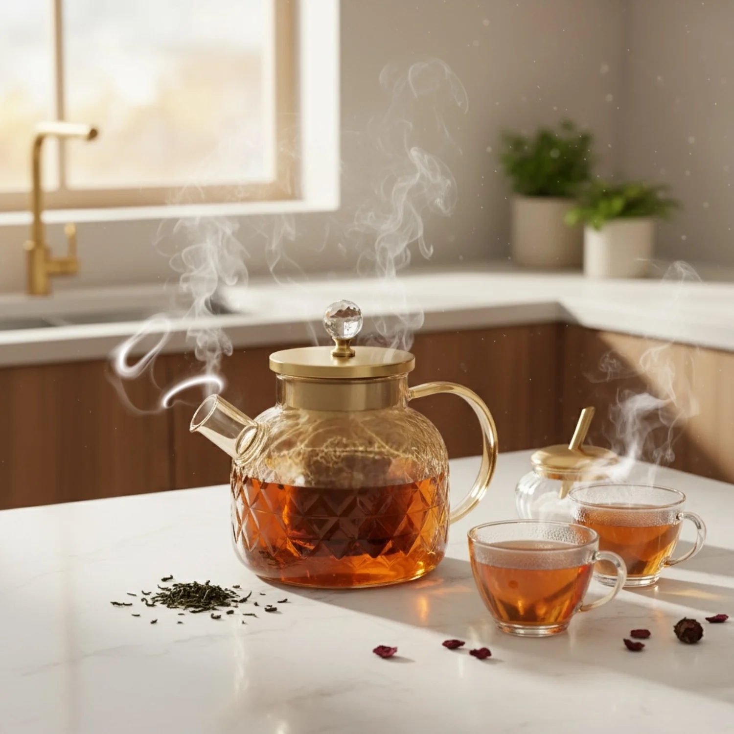 LA' VITE 1L Borosilicate Glass Kettle – Heat-Proof | Golden Stainless Steel Lid | Crystal Knob | 304 SS Strainer | Flame, Induction & Microwave Safe