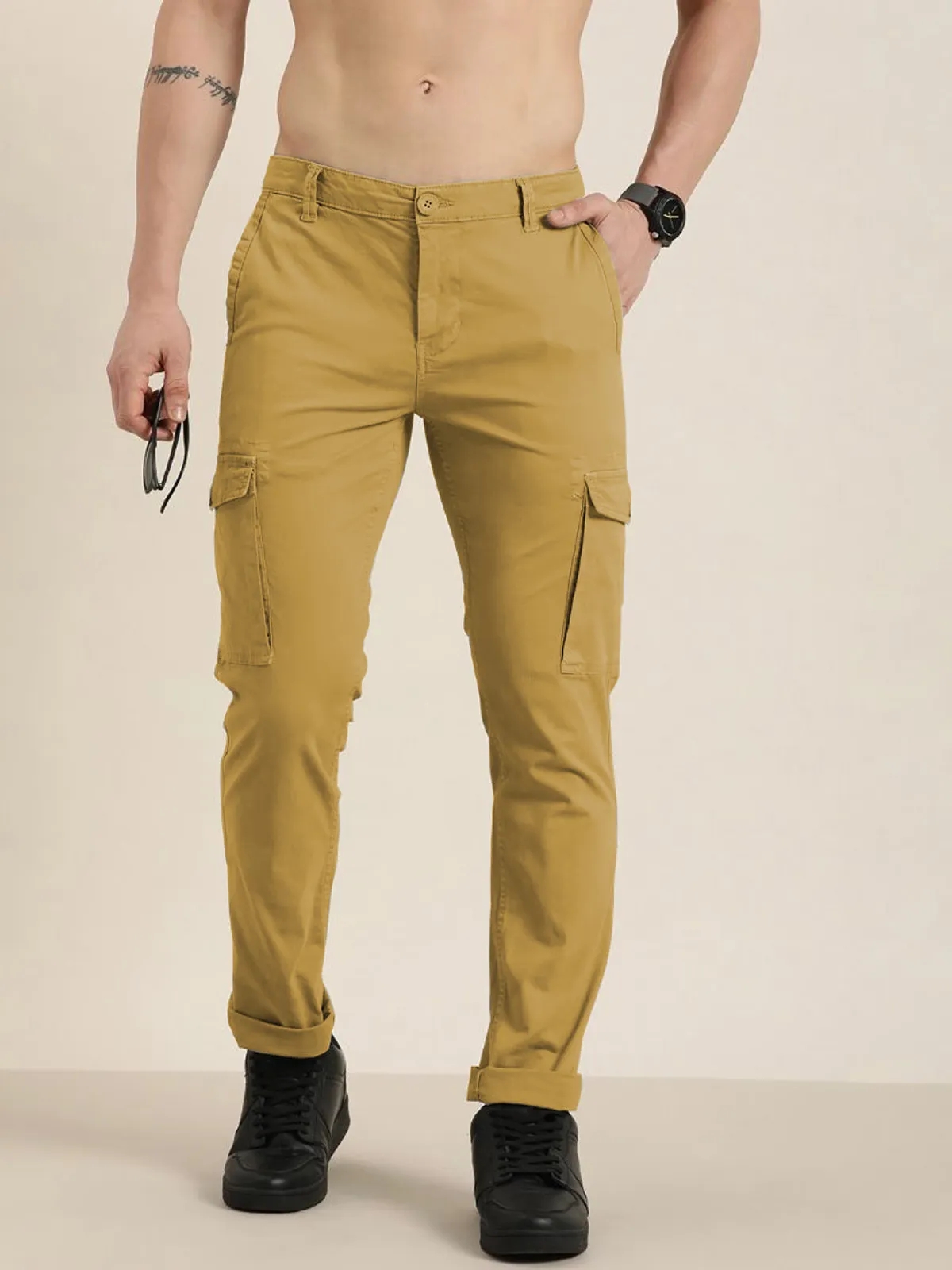 Cream Cotton Blend Solid Mens Cargo