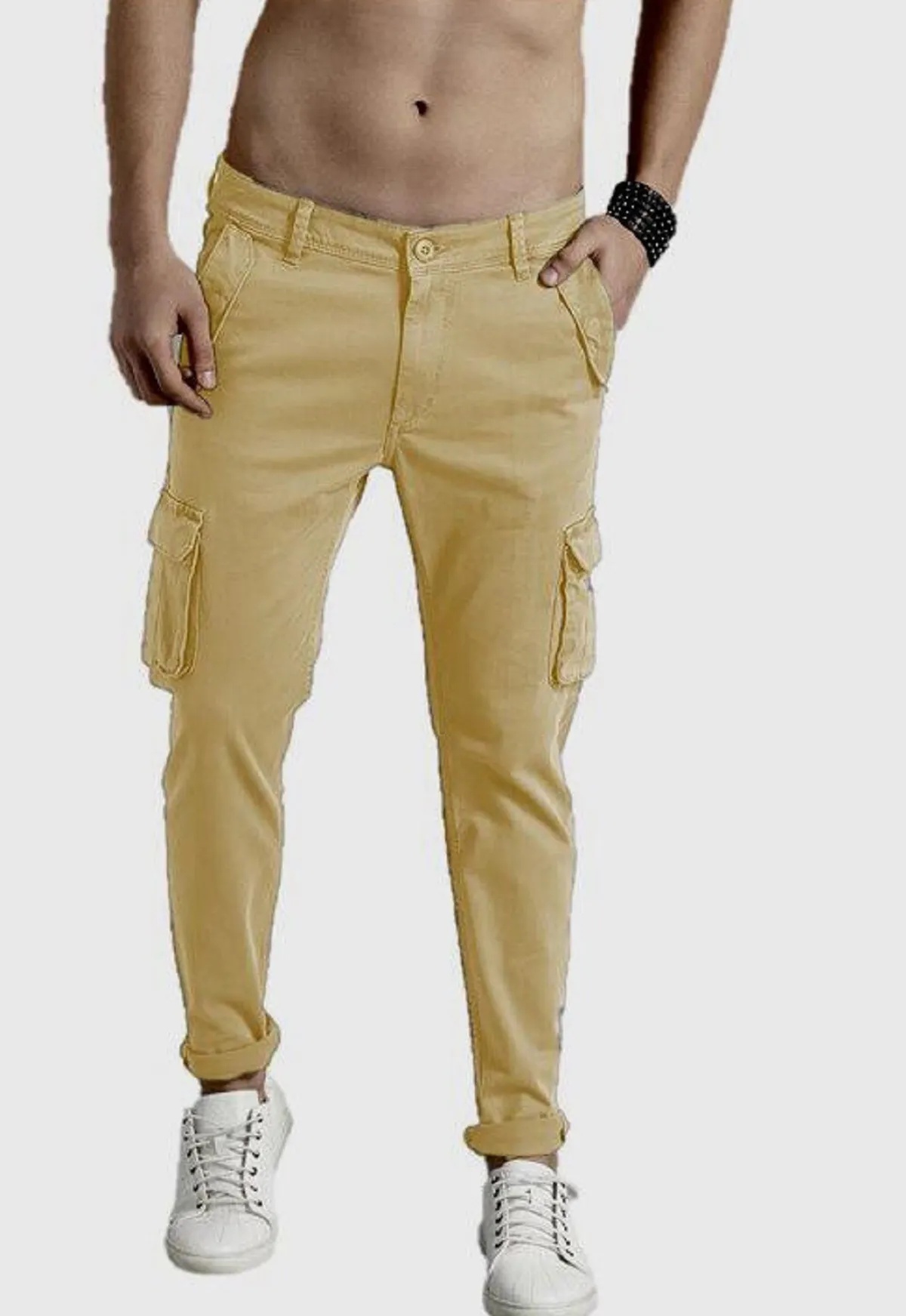 Cream Cotton Blend Solid Mens Cargo