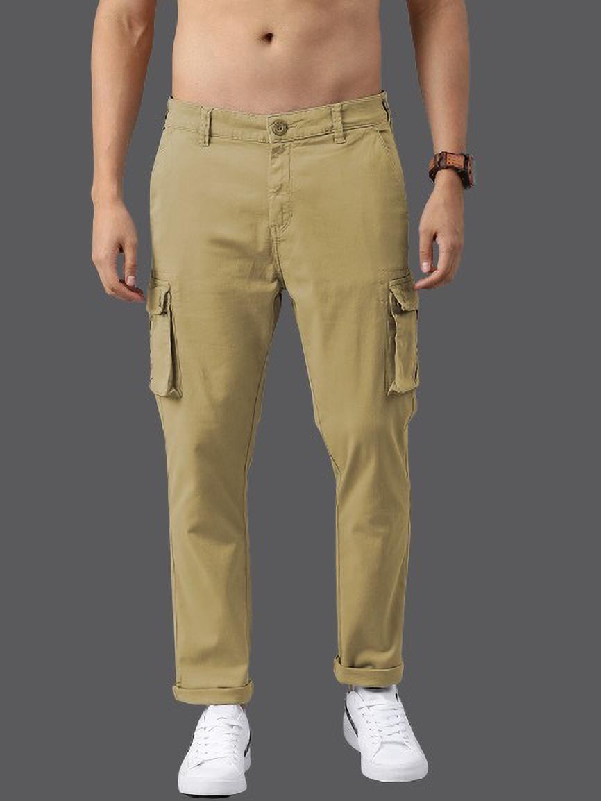 Cream Cotton Blend Solid Mens Cargo