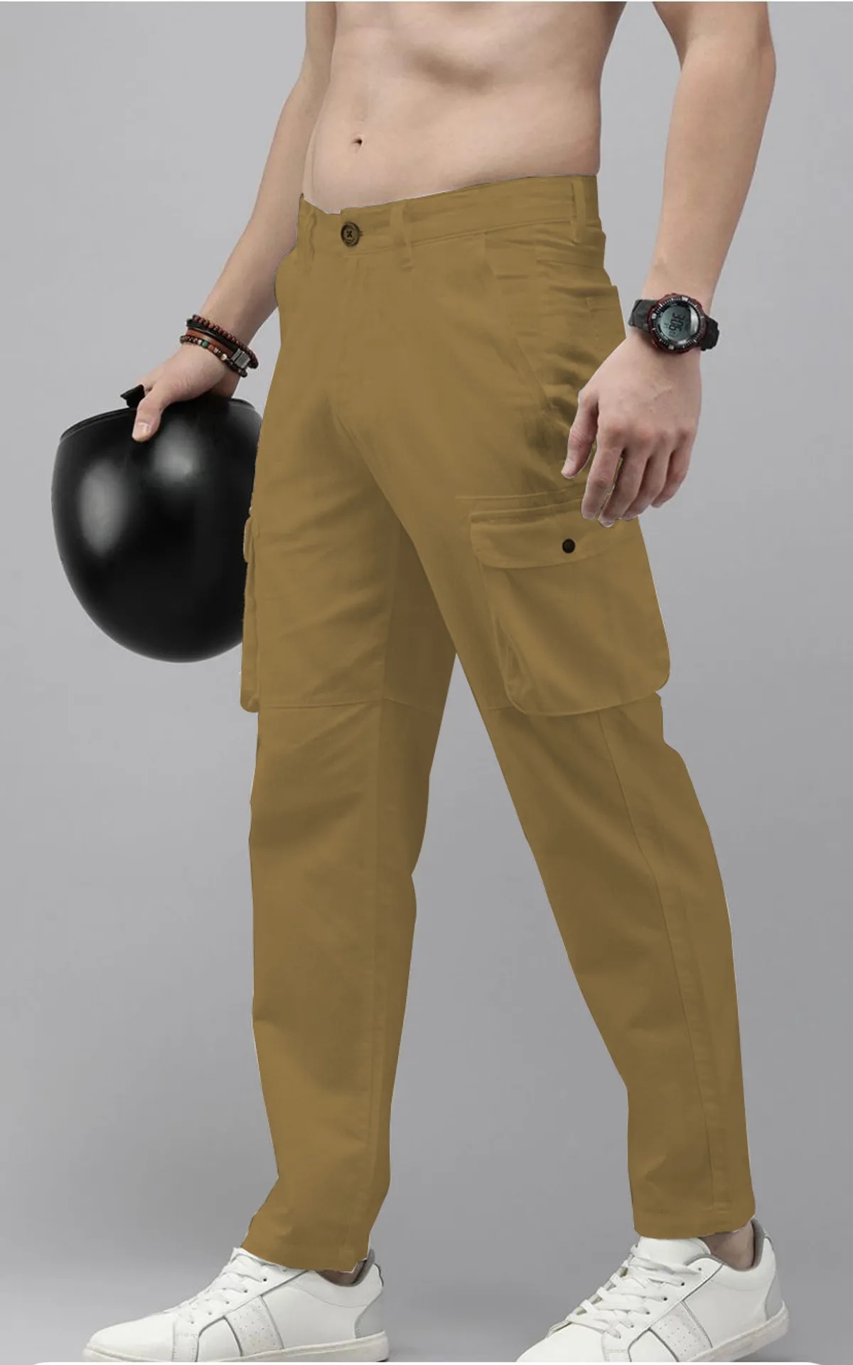 Cream Cotton Blend Solid Mens Cargo