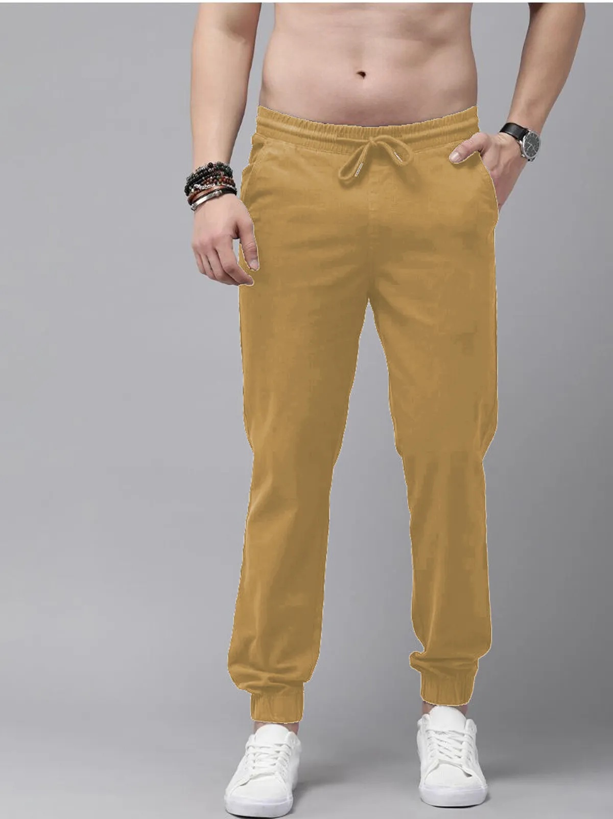 Cream Cotton Blend Solid Men’s Slim Fit Joggers