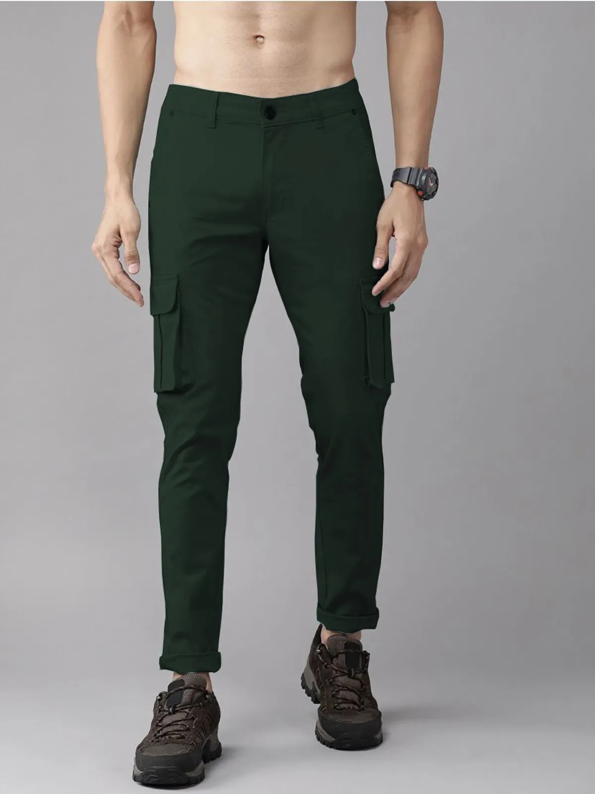 Dark Green Cotton Blend Solid Mens Cargo