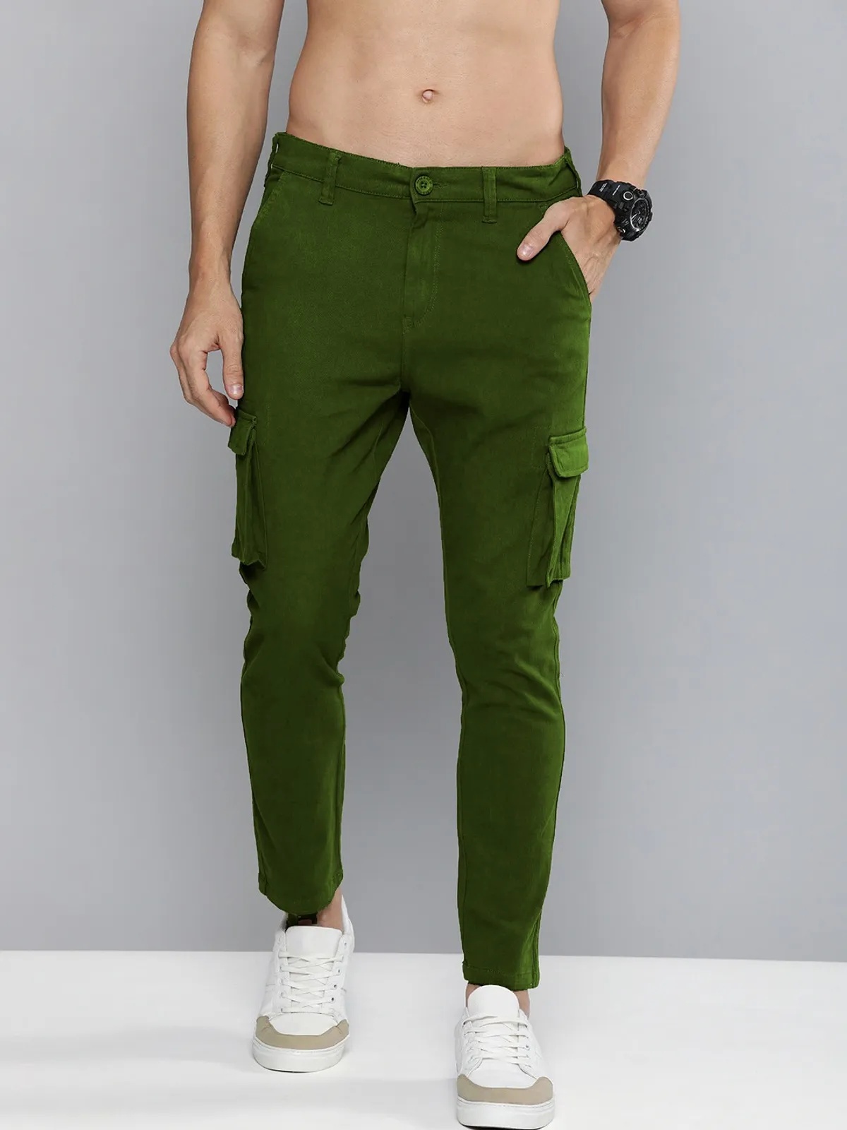 Dark Green Cotton Blend Solid Mens Cargo