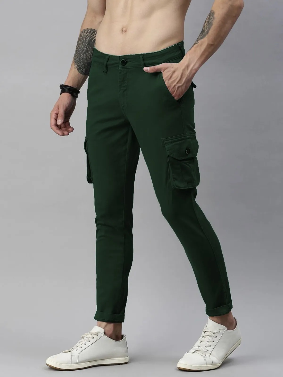 Dark Green Cotton Blend Solid Mens Cargo