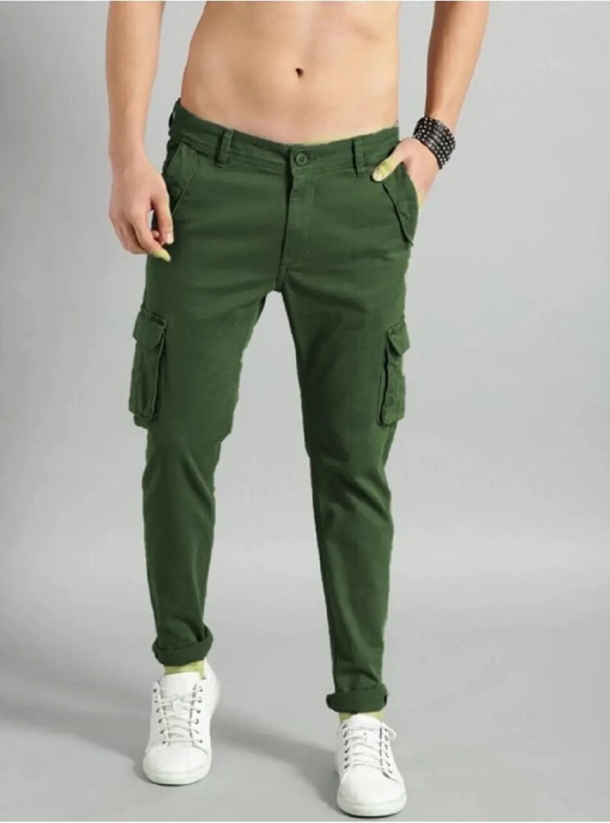 Dark Green Cotton Blend Solid Mens Cargo