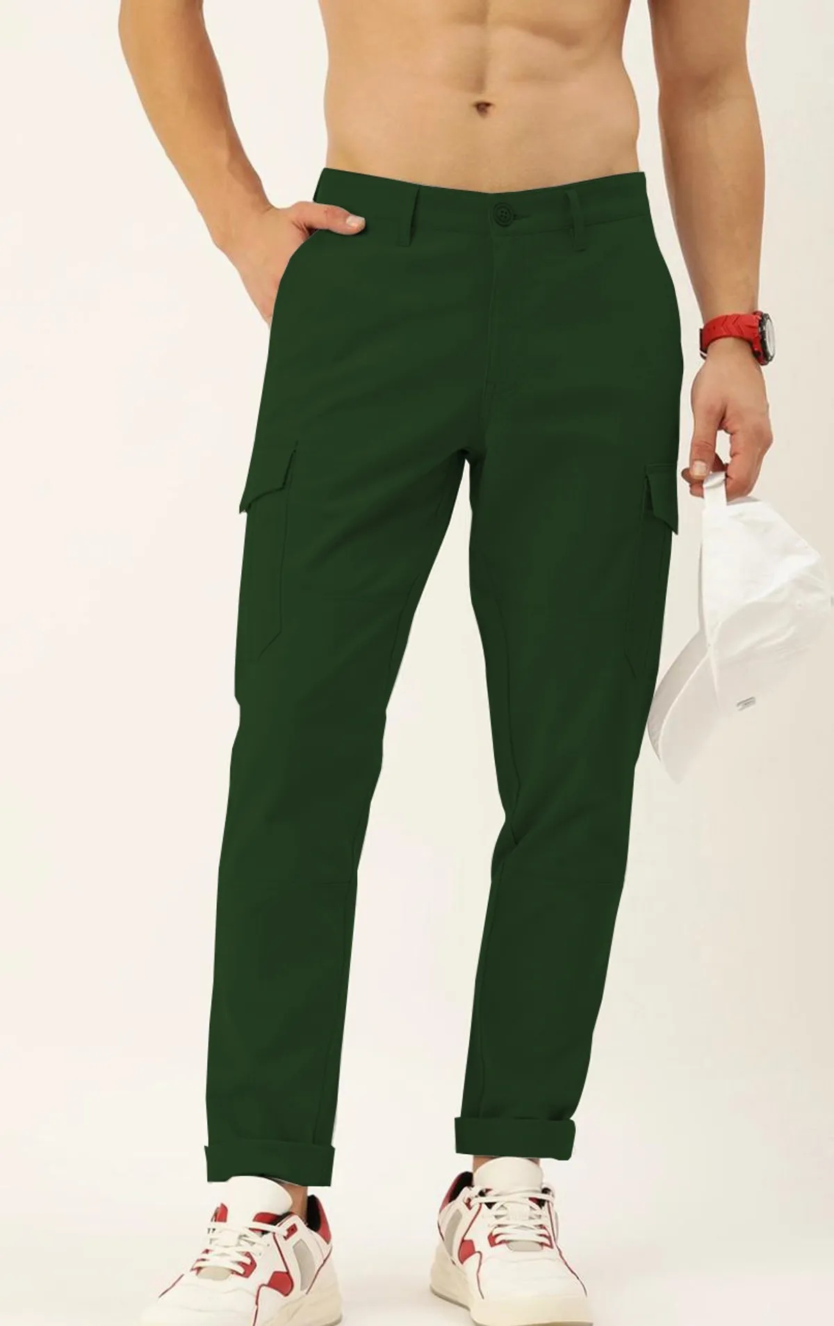 Dark Green Cotton Blend Solid Mens Cargo