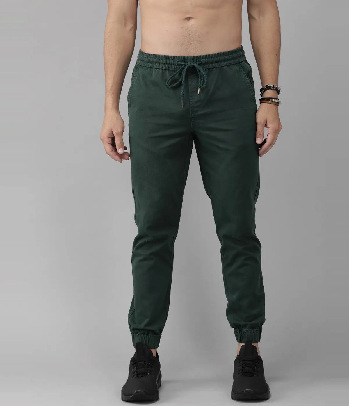 Dark Green Cotton Blend Solid Men’s Slim Fit Joggers