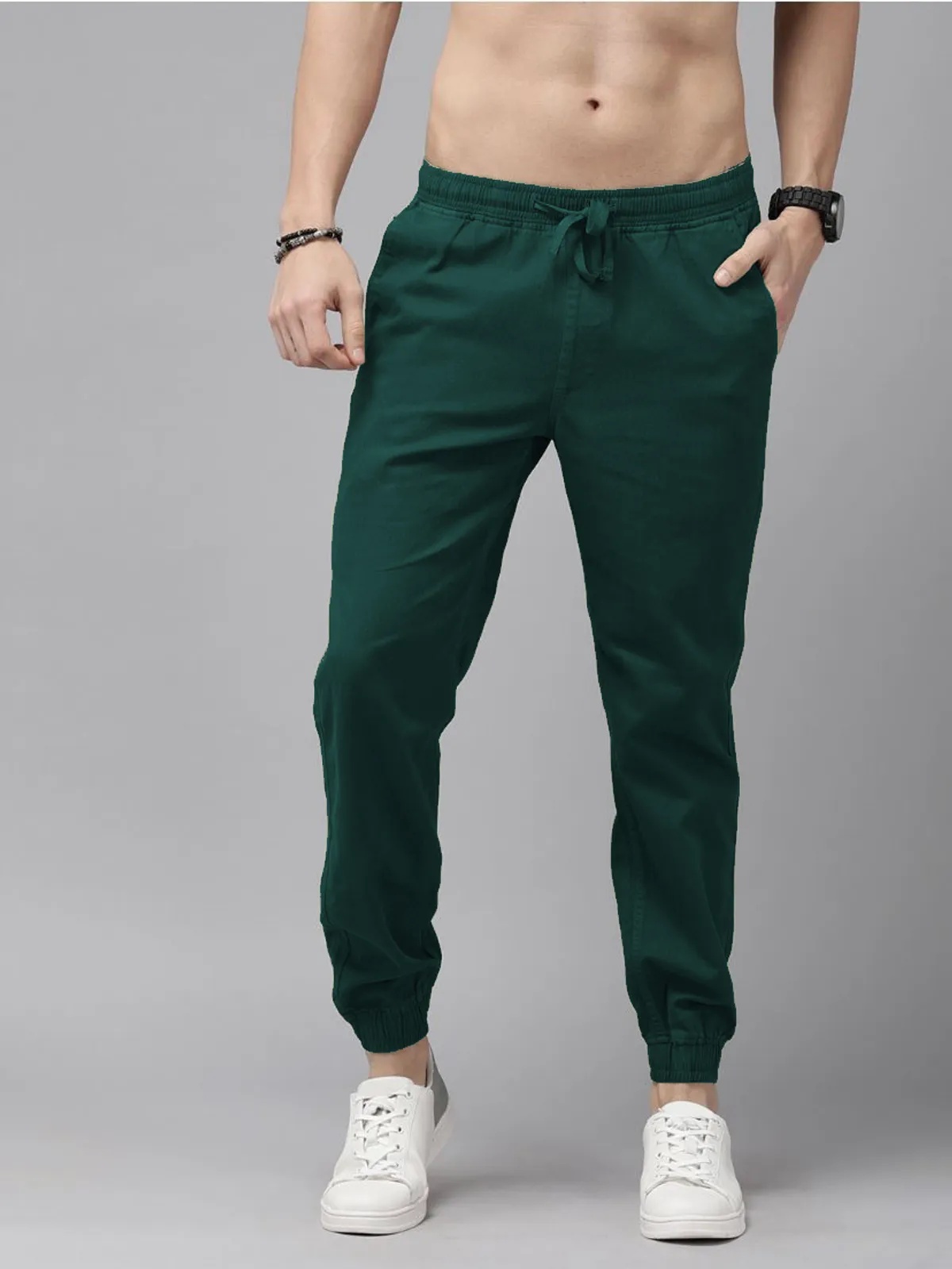 Dark Green Cotton Blend Solid Men’s Slim Fit Joggers