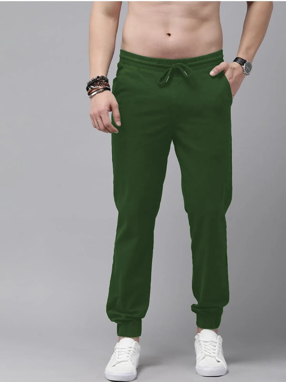 Green Cotton Blend Solid Men’s Slim Fit Joggers