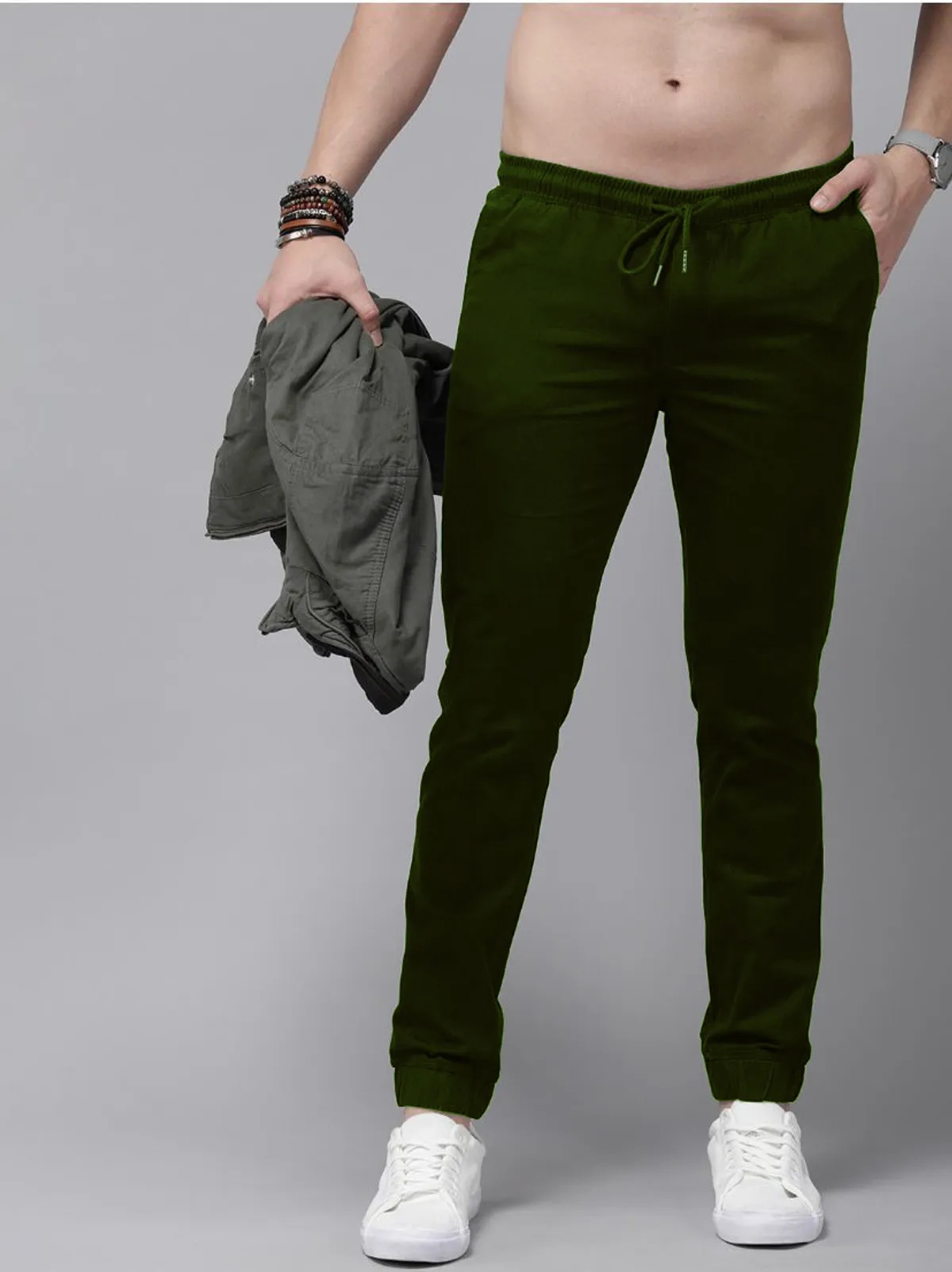 Dark Green Cotton Blend Solid Men’s Slim Fit Joggers