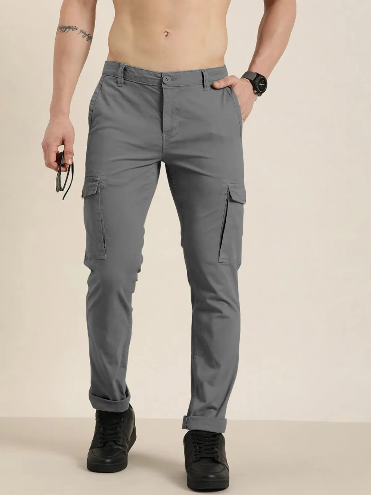 Dark Grey Cotton Blend Solid Mens Cargo
