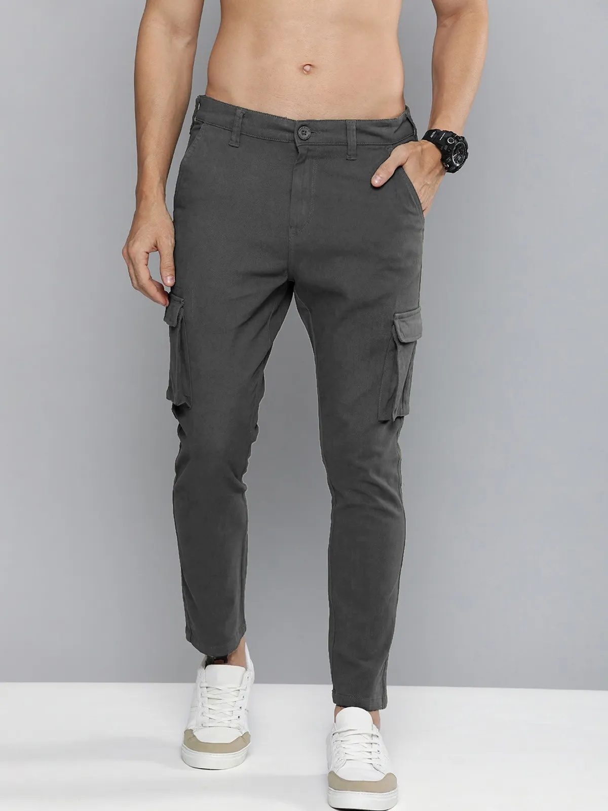 Dark Grey Cotton Blend Solid Mens Cargo