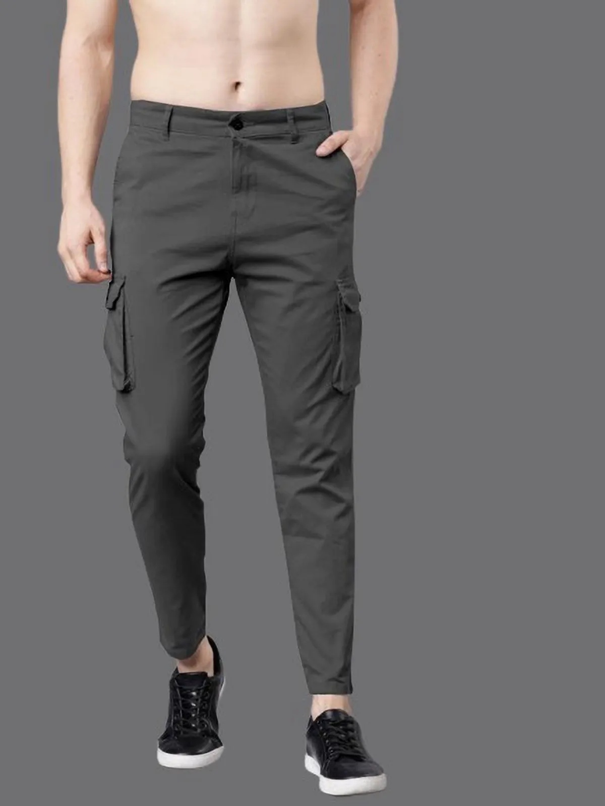 Dark Grey Cotton Blend Solid Mens Slim Fit Cargo