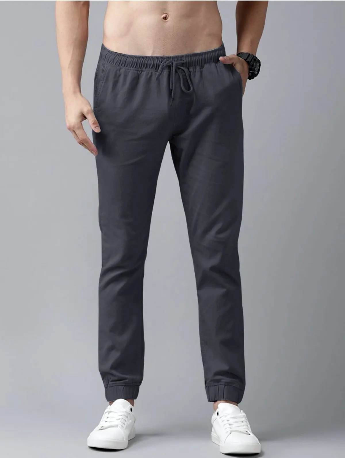 Dark Grey Cotton Blend Solid Mens slim fit Joggers