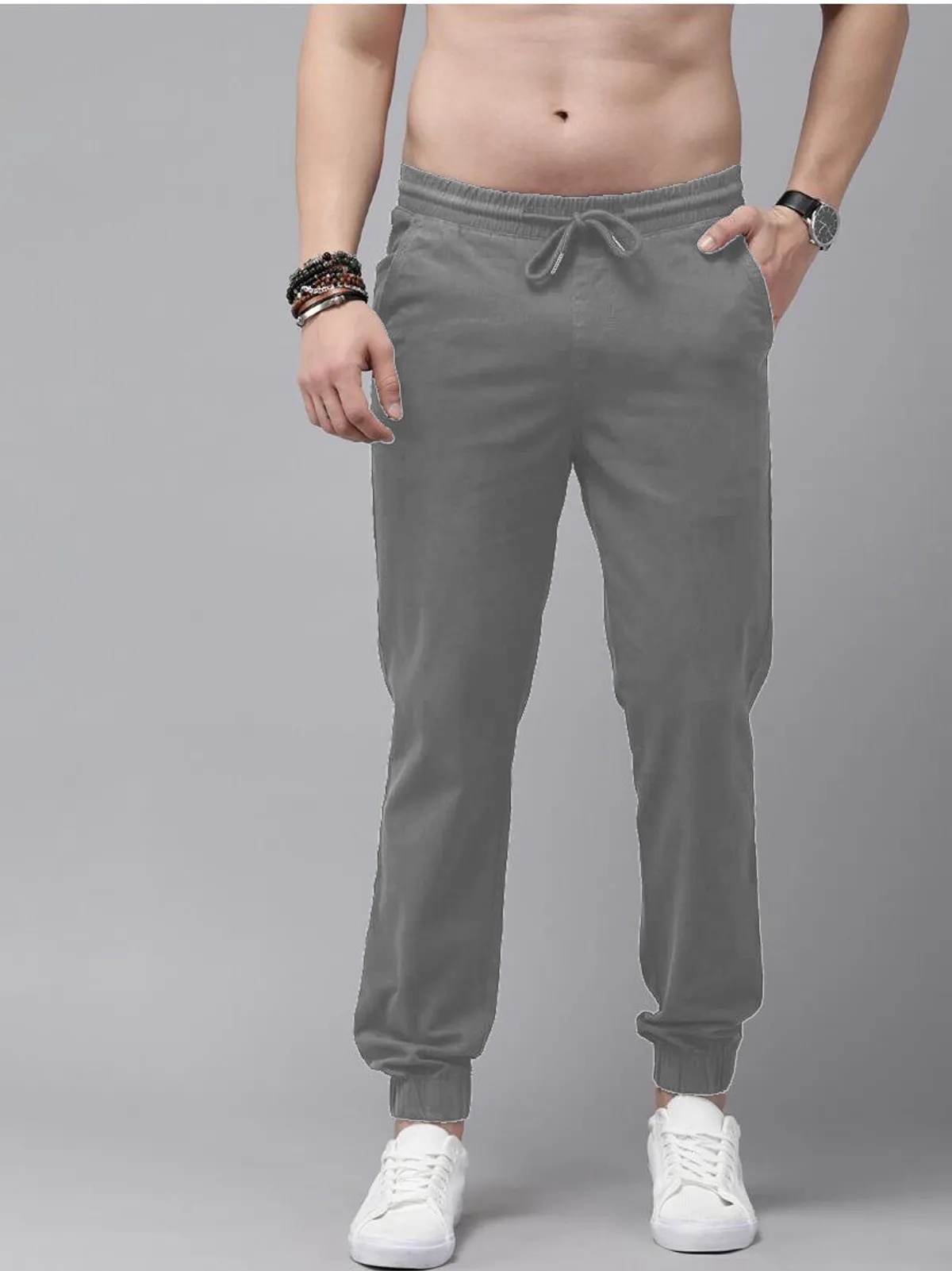 Dark Grey Cotton Blend Solid Men’s Slim Fit Joggers