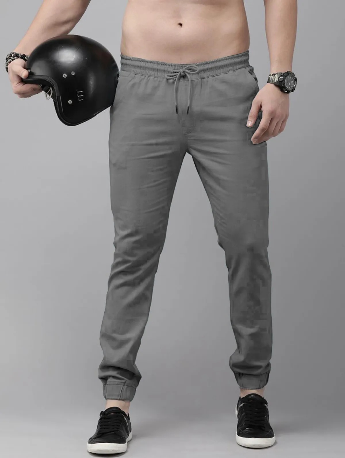 Dark Grey Cotton Blend Solid Mens Joggers