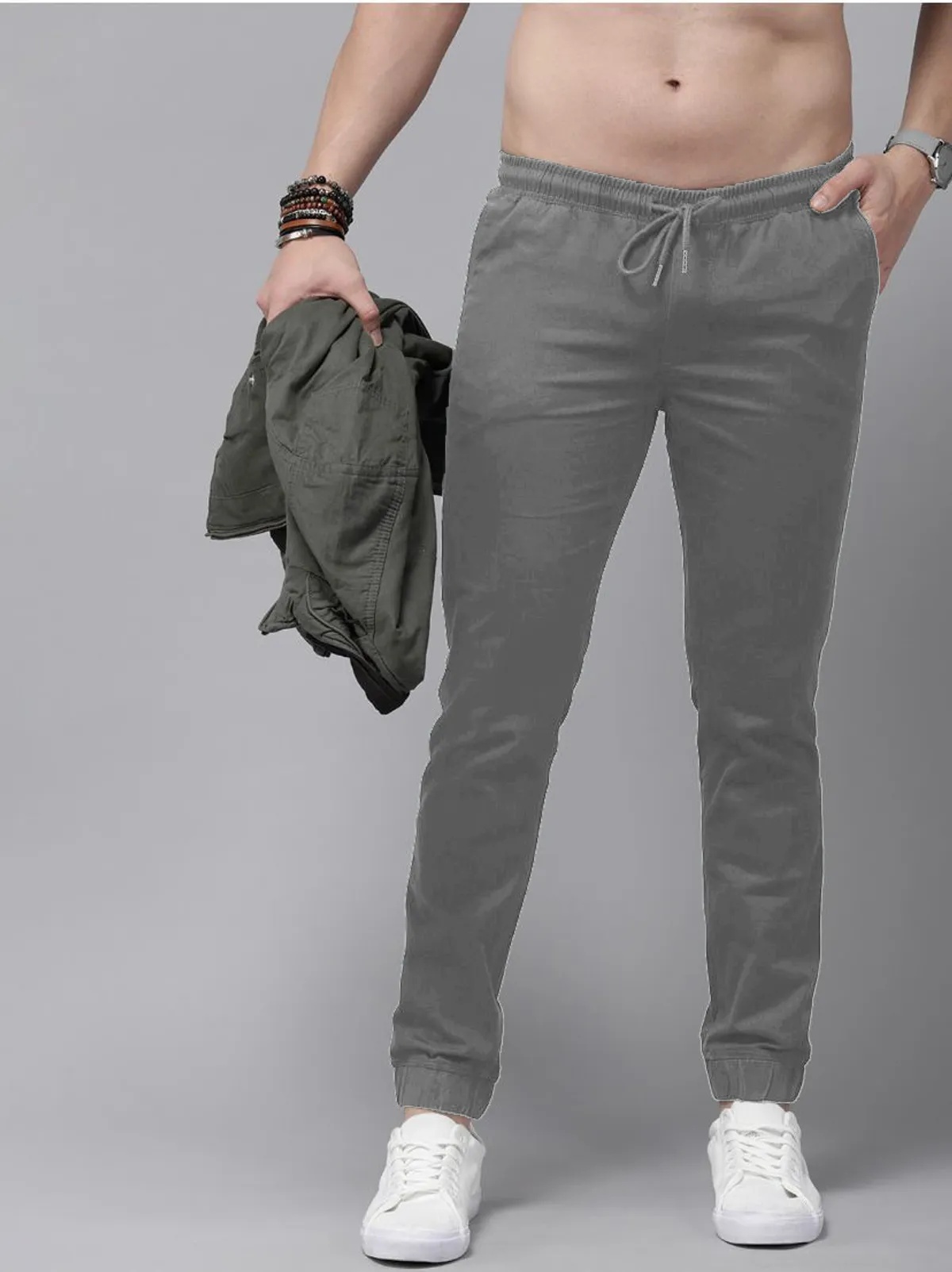 Dark Grey Cotton Blend Solid Men’s Slim Fit Joggers