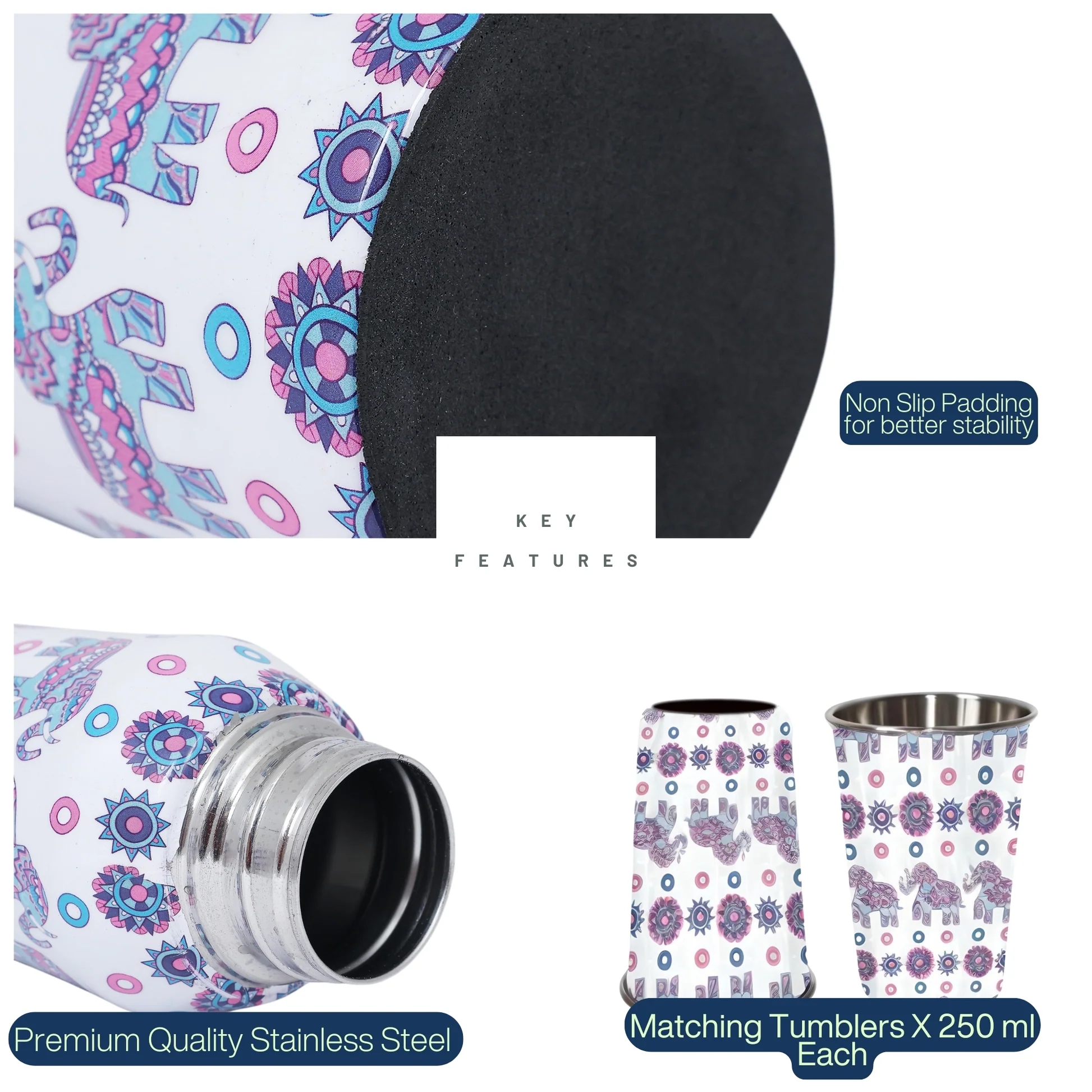 LA' FORTE Premium Stainless Steel Bottle & 02 Tumbler Set ( Water Bottle X 1000 ml ; 02 Glasses X 250 ml each)