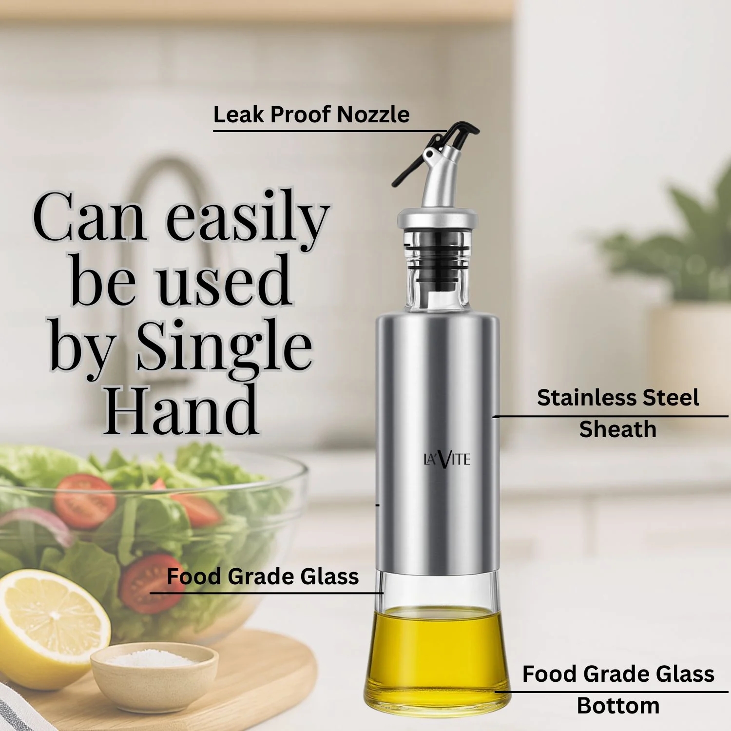 Premium 500ml Oil Dispenser Bottle – Stainless Steel & Food Grade Glass | Leakproof Spout | Modern Kitchen Accessory
