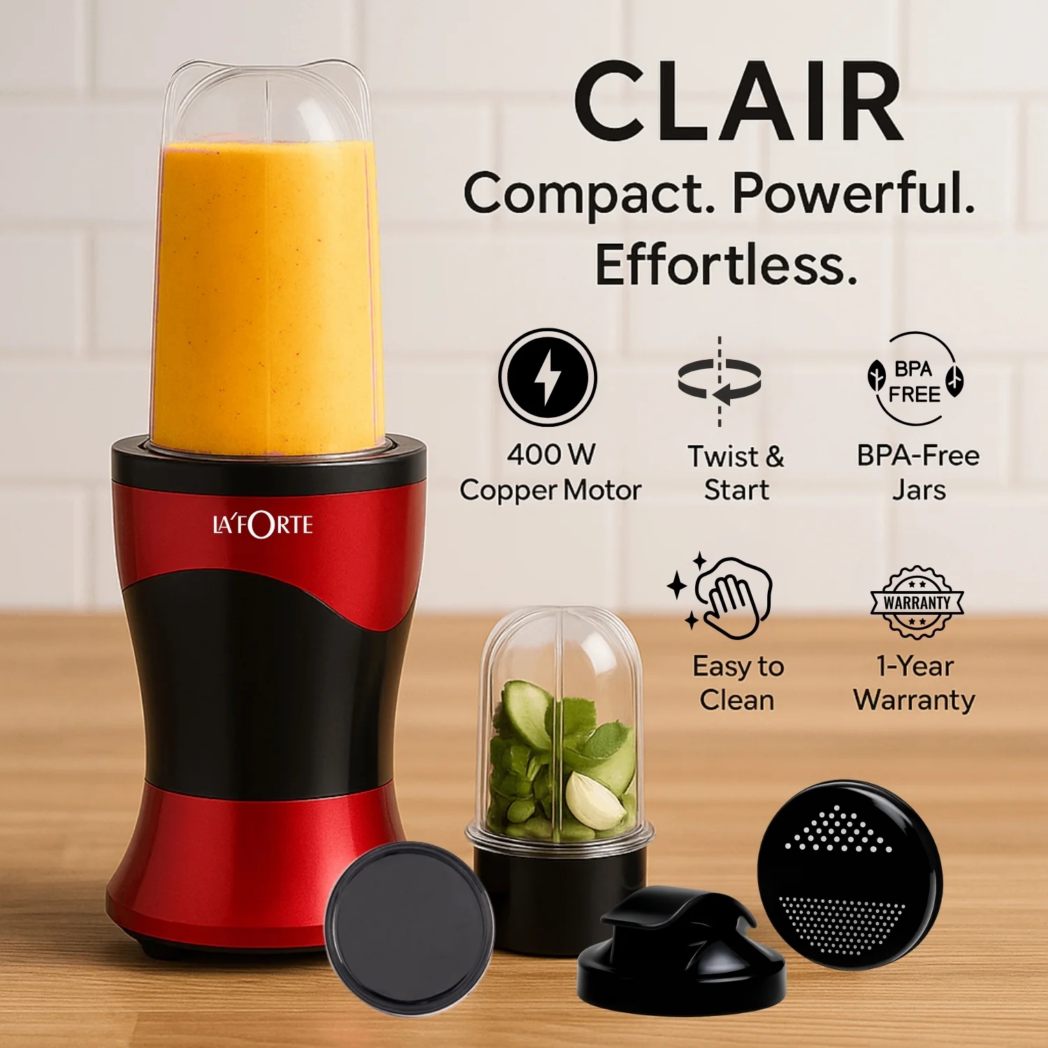 LA' FORTE CLAIR 400W Personal Blender with Dual Jars & Detachable Blades