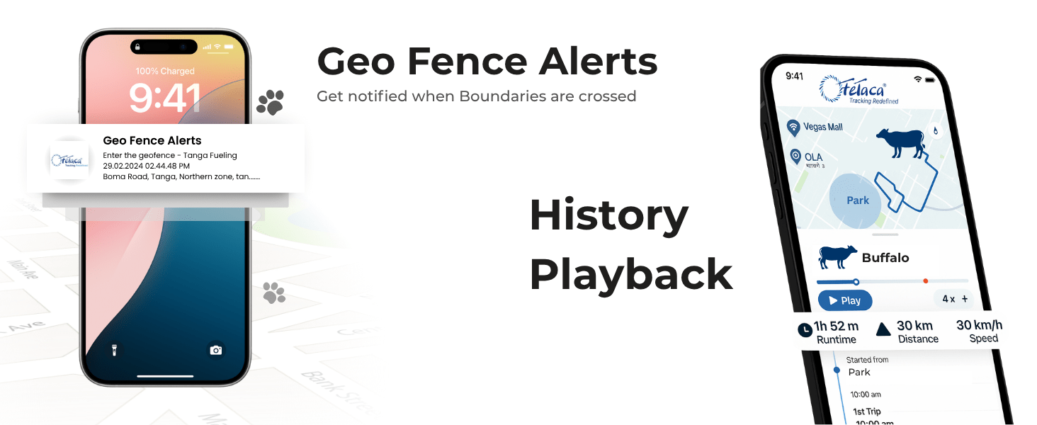 Fetaca mobile app showing real-time GPS location of pet and livestock for tracking and protection