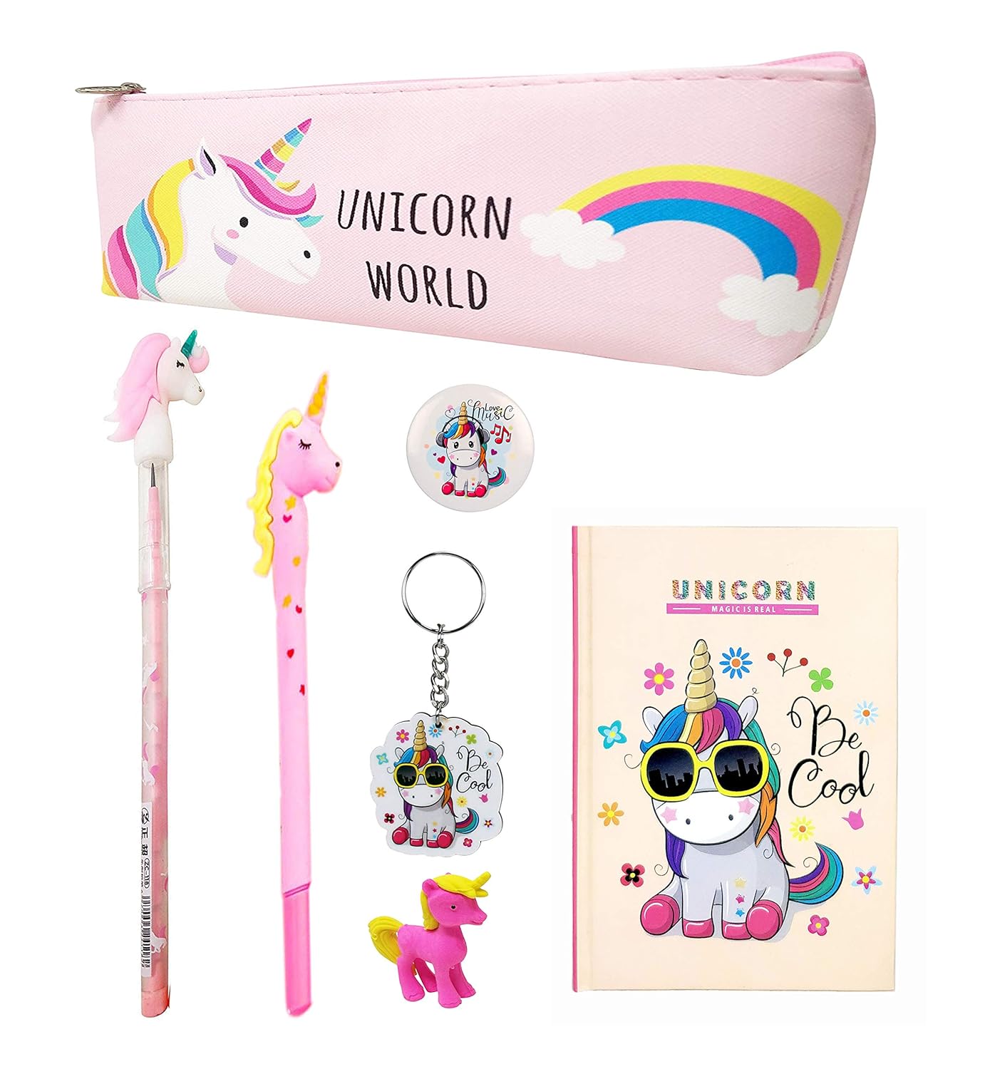 Unicorn Gift Pack of 7 in 1 for Girls - Pouch, Notebook, Gel Pen, Stacking Pencil, Eraser, Keychain and Badge.