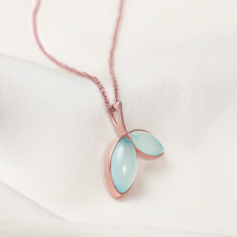 Rose Gold Aqua Dual Chalcedony Leaf Pendant Made with 925 Silver