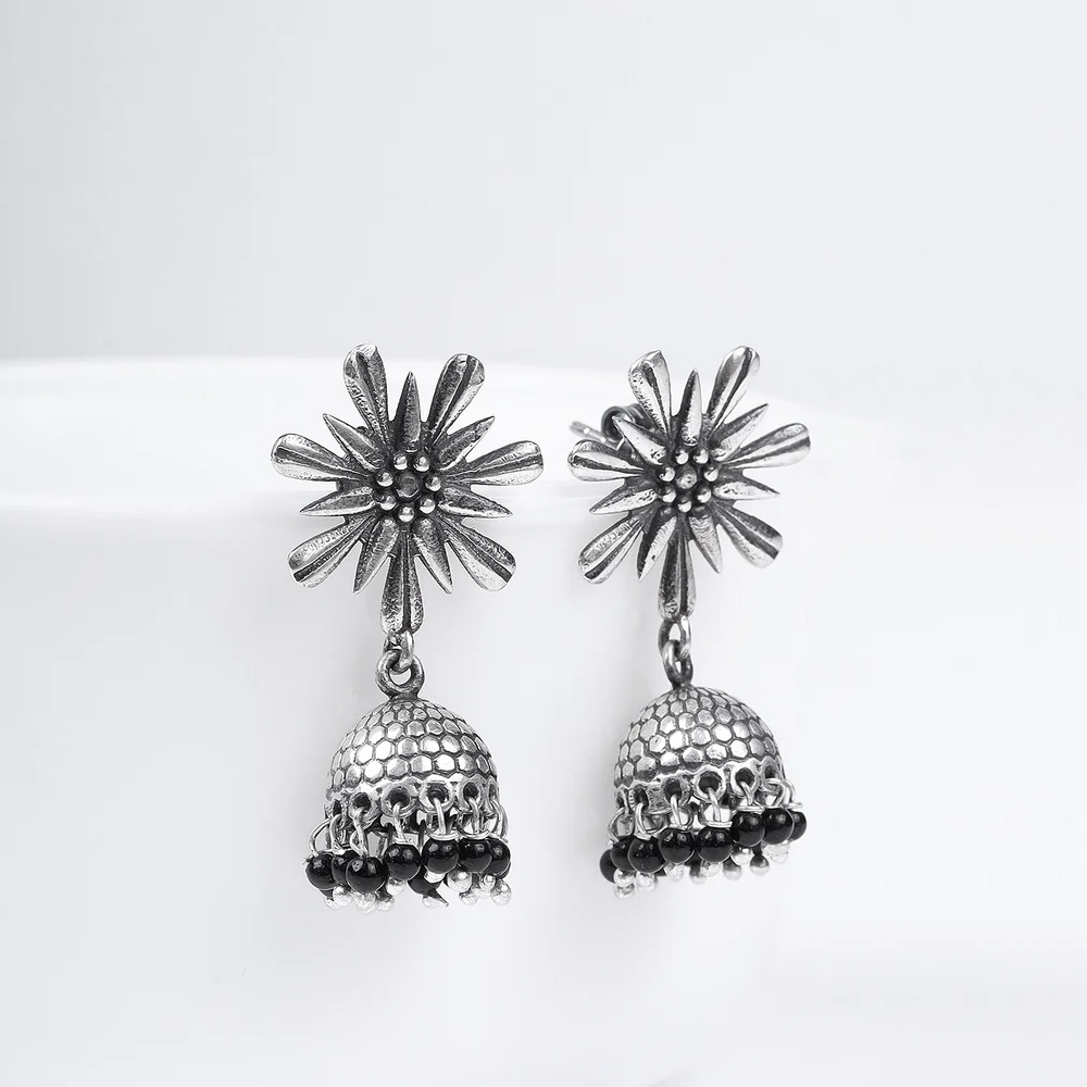 OXIDISED SILVER BLACK BEADS FROST JHUMKAS Made with 925 Silver