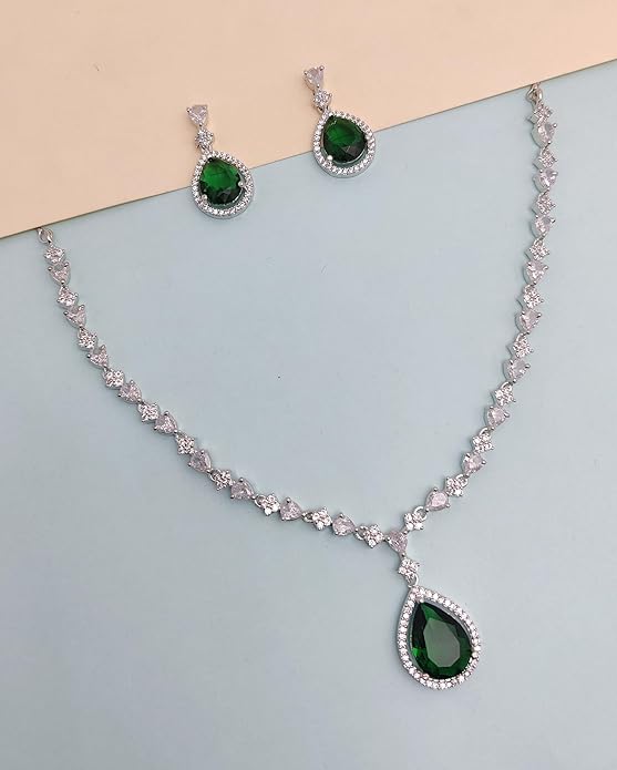 Drop Necklace Set - Elegant Jewelry for Women - Sparkling Crystal Pendant and Earrings 